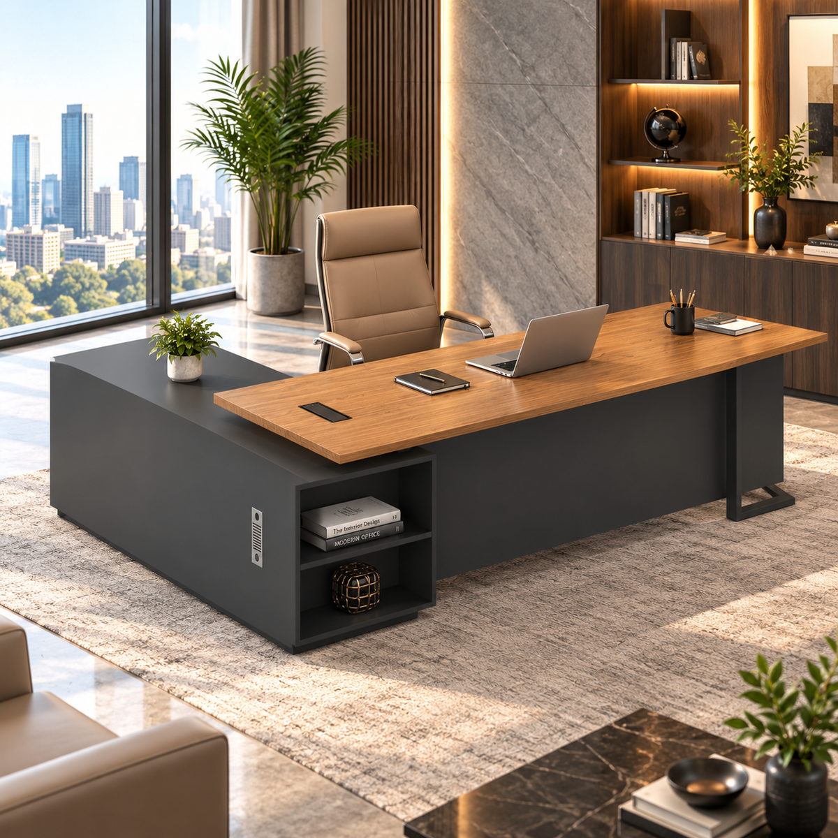 Director & Executive Office Table Made in Particle Board with Openable Side Unit, Drawer, CPU Storage and Openable Shutter and Metal Base - Brown