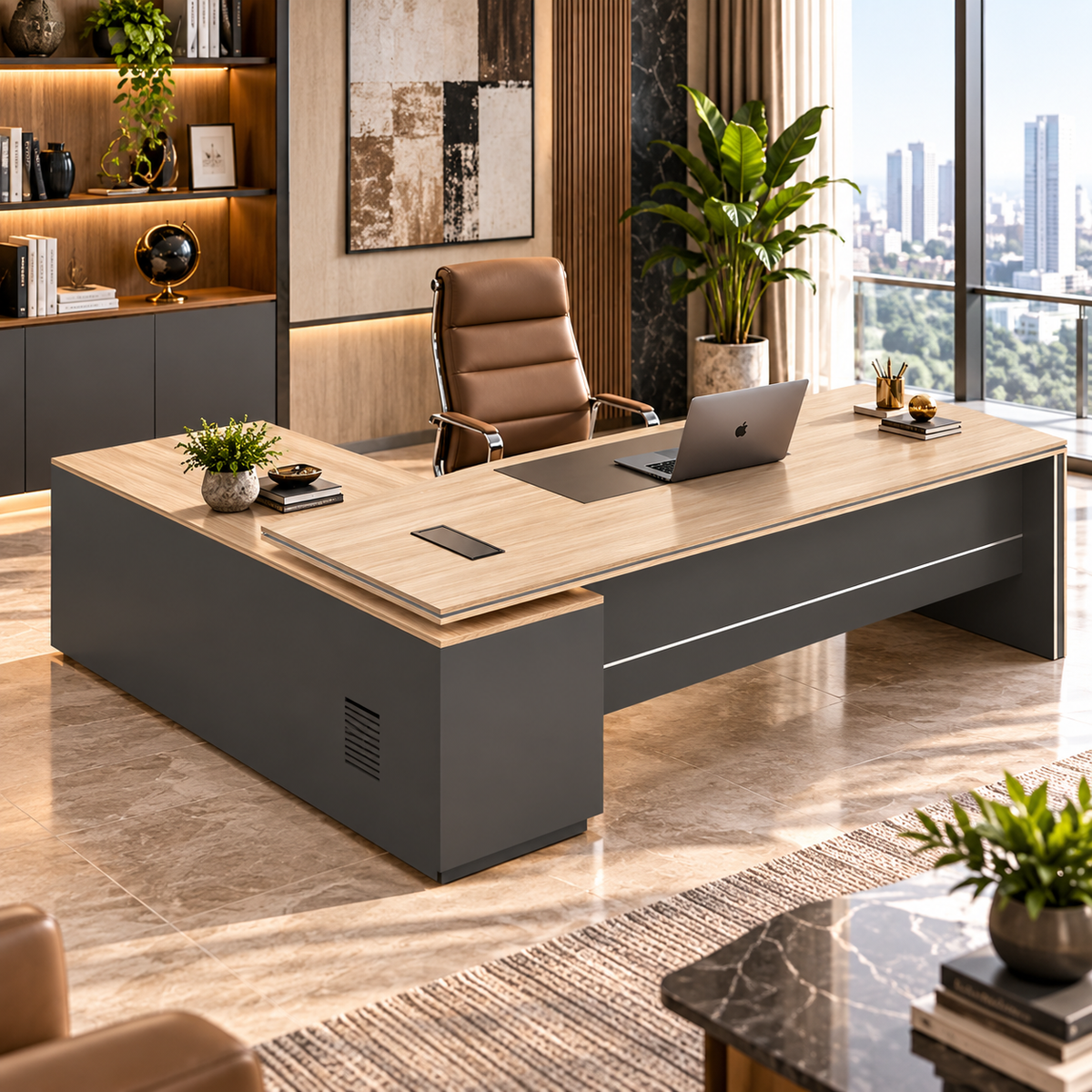 Luxury Modern L-Shape Director Table with Integrated Side Storage, Light Wood Finish, Open Shelves, Soft-Edge Panels & Spacious Executive Worktop