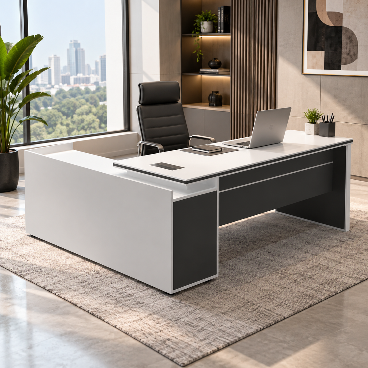 Director & Executive L-Shape Office Table Luxury Desk Made in Particle Board with Side Unit Locking Drawer, Wire Manager, and CPU Storage