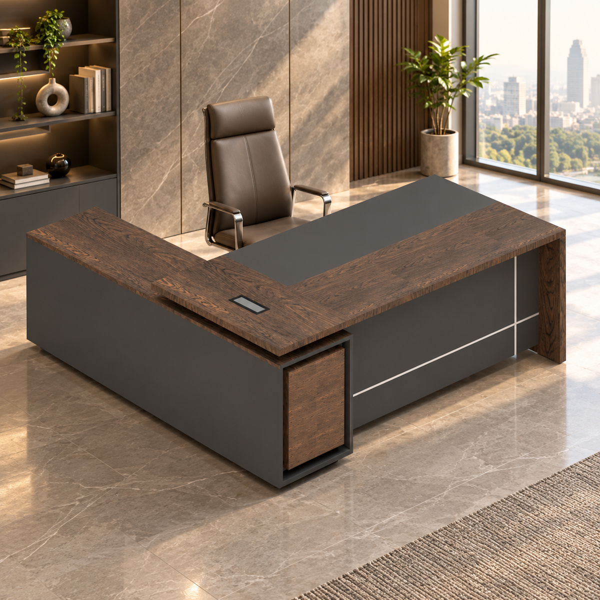 Director L-Shape Office Table Luxury Desk Made in Particle Board with Secure Drawer, Storage CPU Space, Side Unit & Wire Manager- Dark Grey