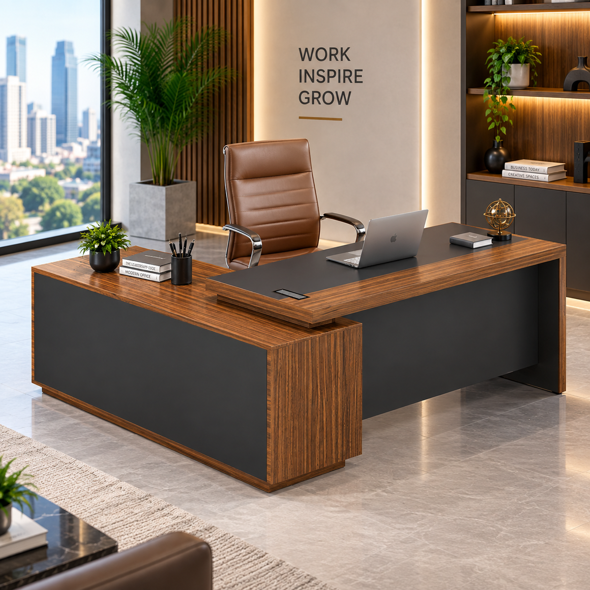 Director L-Shaped Office Table Luxury Design Double-layer Gable End and Modesty Panel Walnut & Grey Office