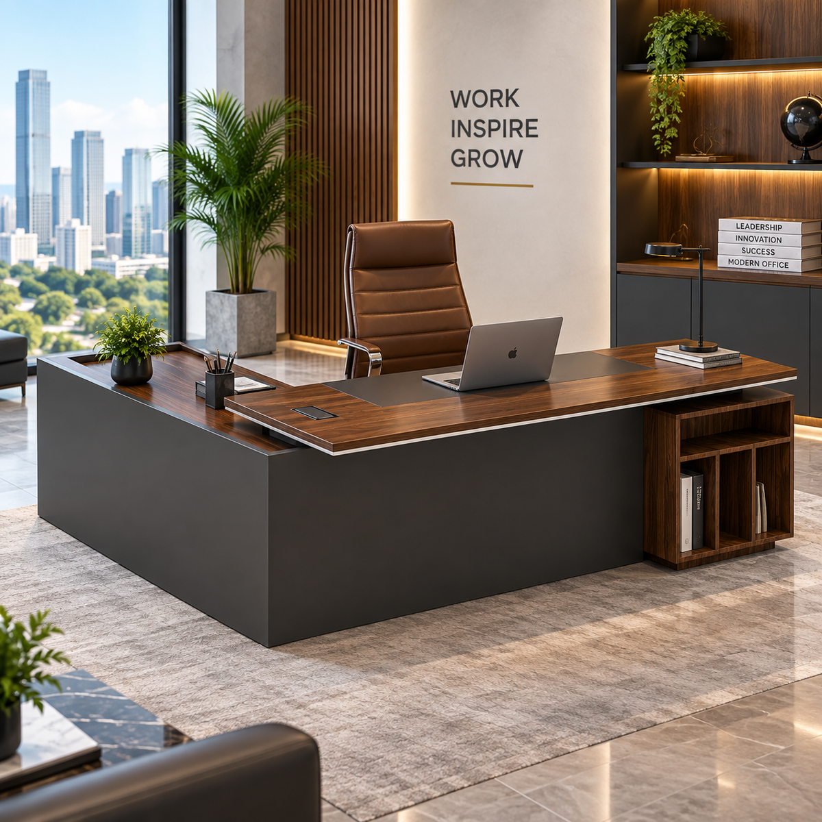 Director L-Shape Office Table Luxurious Executive Desk Made in Particle Board/ MDF/Plywood with Side Unite and Wire Manager Office Table