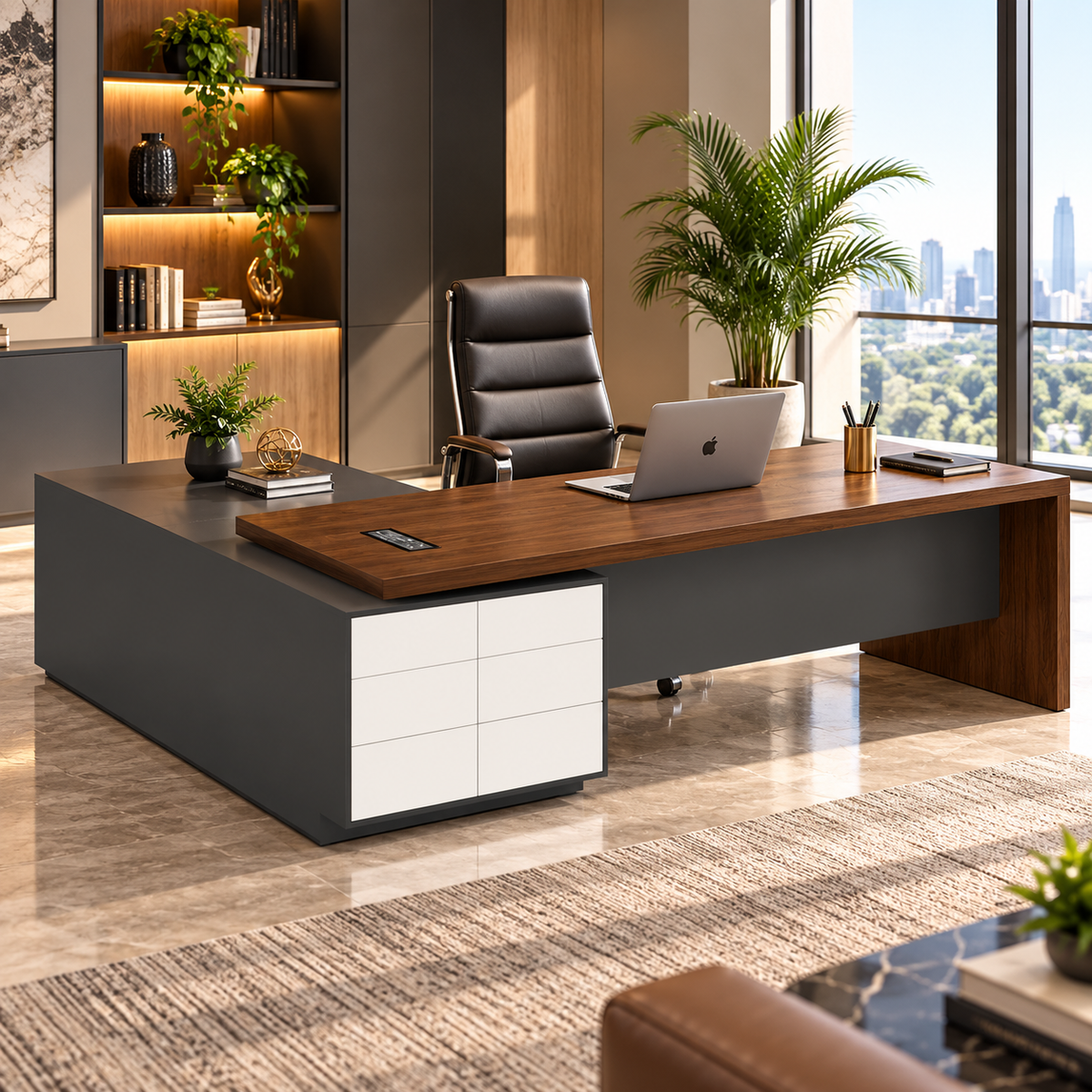Luxury Modern Executive Director Table with Side Storage, Wooden Top & Matte Grey Finish – Premium Office Furniture