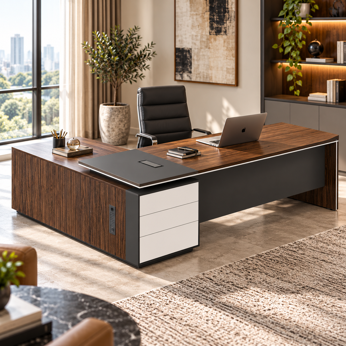 Modern Executive Director Table in Dark Brown & White Finish with Side Drawers, Spacious Worktop for Premium Office Interiors