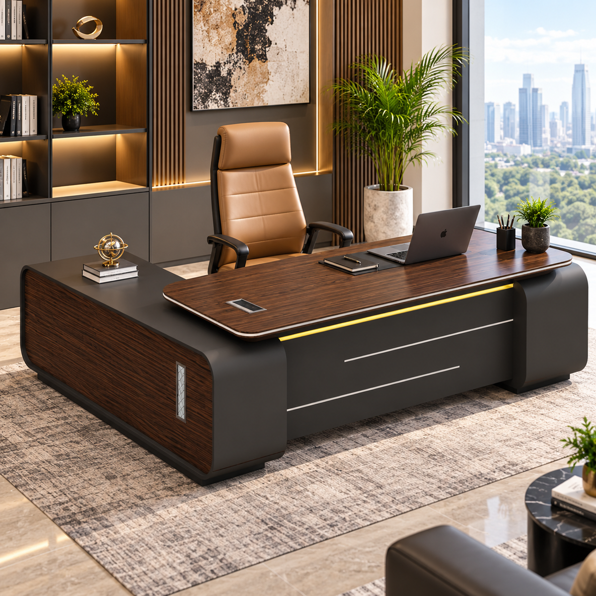 Luxury L Shape Director Office Table with Side Storage Unit, Premium Cabin Table for CEO, Director, MD Office Furniture