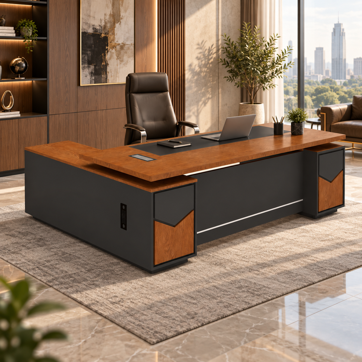 Director & Executive L-Shape Luxury Office Table Modern Desk with Cable Management, Drawer and CPU Storage - Brown