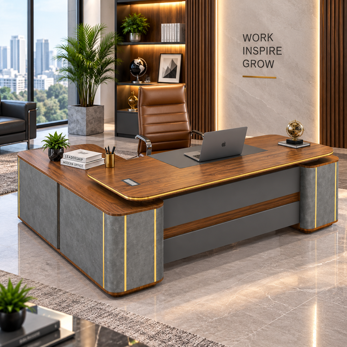 Luxury Design Director L-Shape Office Table Multi Function with Integrated Wire box & CEO Perfect for Spacious Cabin - Walnut - Grey