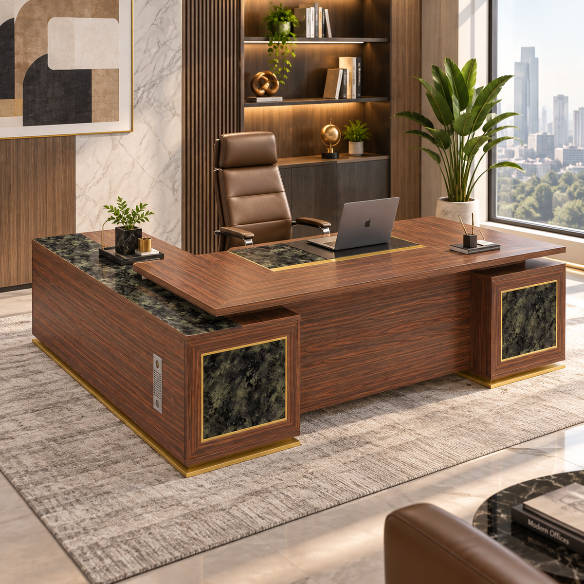 Director & Executive L-Shape Luxury Office Table with Modern Desk Design, Featuring Drawer and CPU Space, Stylish and Elegant Walnut Finish