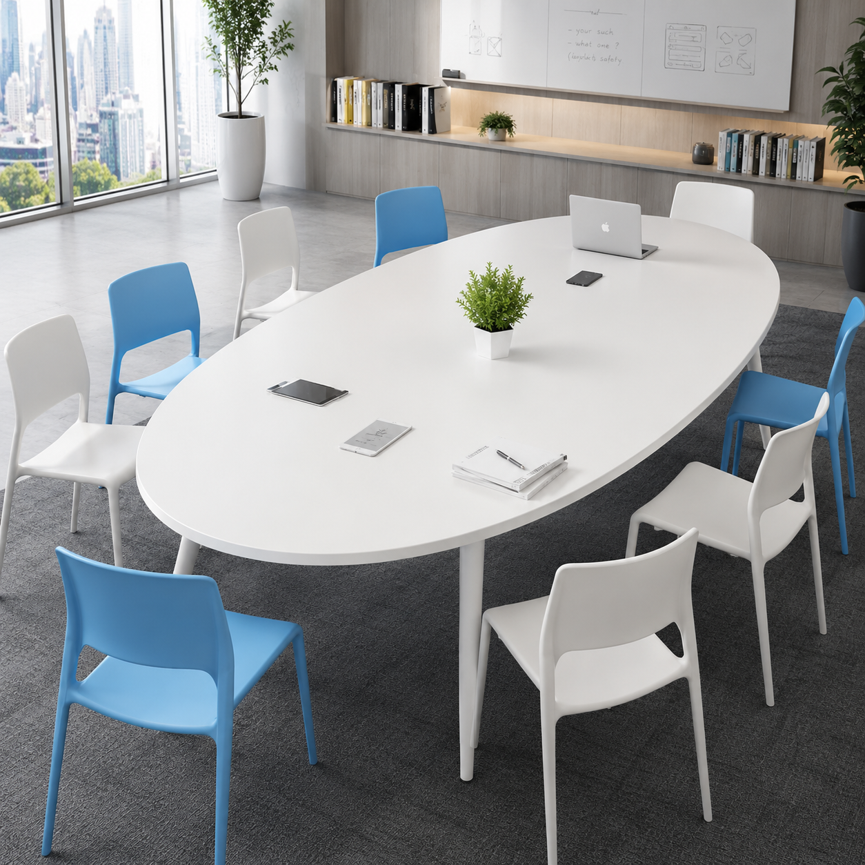 Conference Oval Shaped Meeting Table for Office Furniture High Quality Material and Teak Wood Leg & White Color