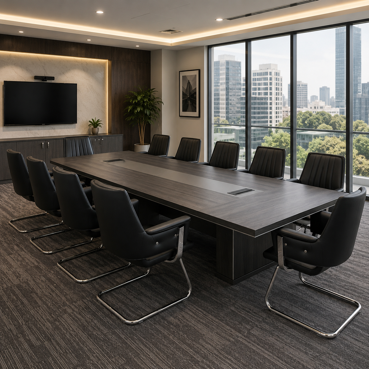 A modern conference room with a long rectangular wood-grain meeting table surrounded by black office chairs, set in front of large floor-to-ceiling windows with a city skyline view.