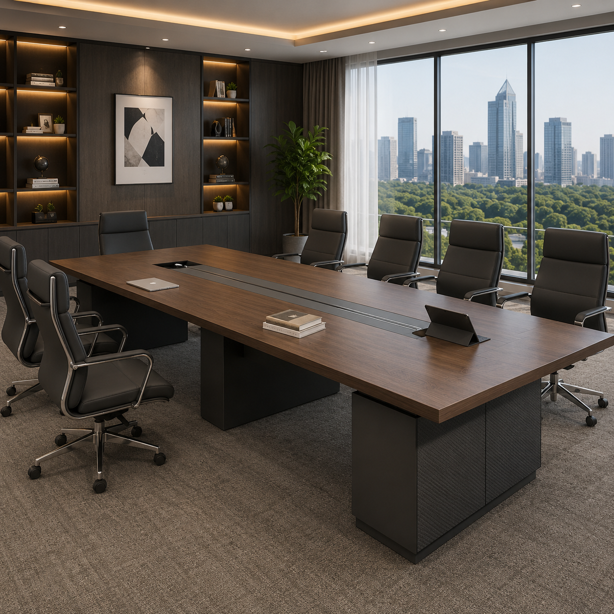 Conference & Meeting Room Table Finish in Dual Brown and Grey Top Finish Made In MDF and Pre Laminate Particle Board 2 Wire Spaces