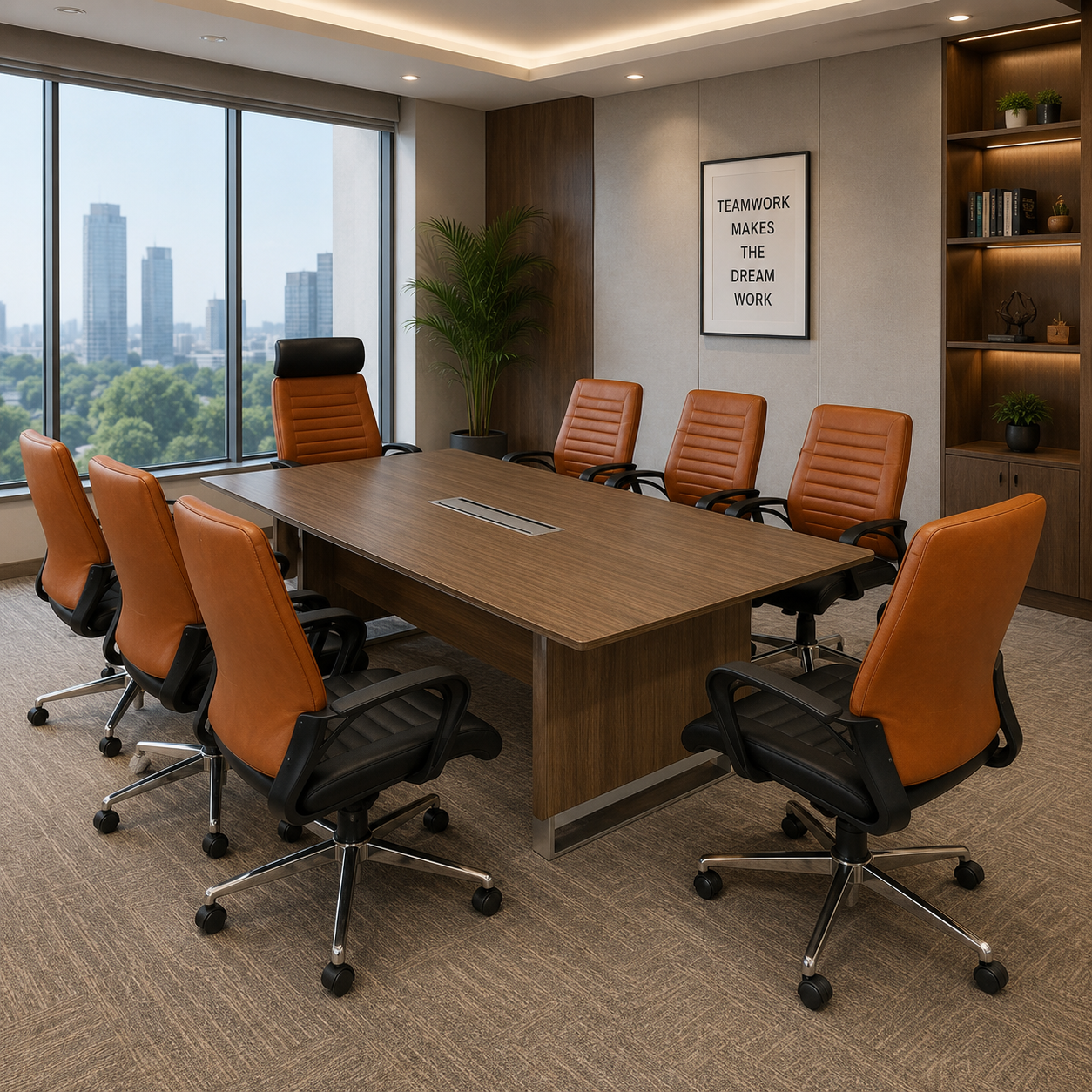 Premium Executive Rectangular Conference Table with Walnut Finish Wooden Top and Panel Base with Steel Support