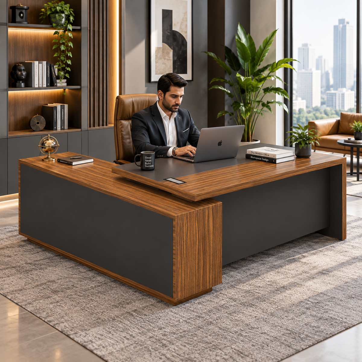 Director L-Shaped Office Table Luxury Design Double-layer Gable End and Modesty Panel Walnut & Grey Office