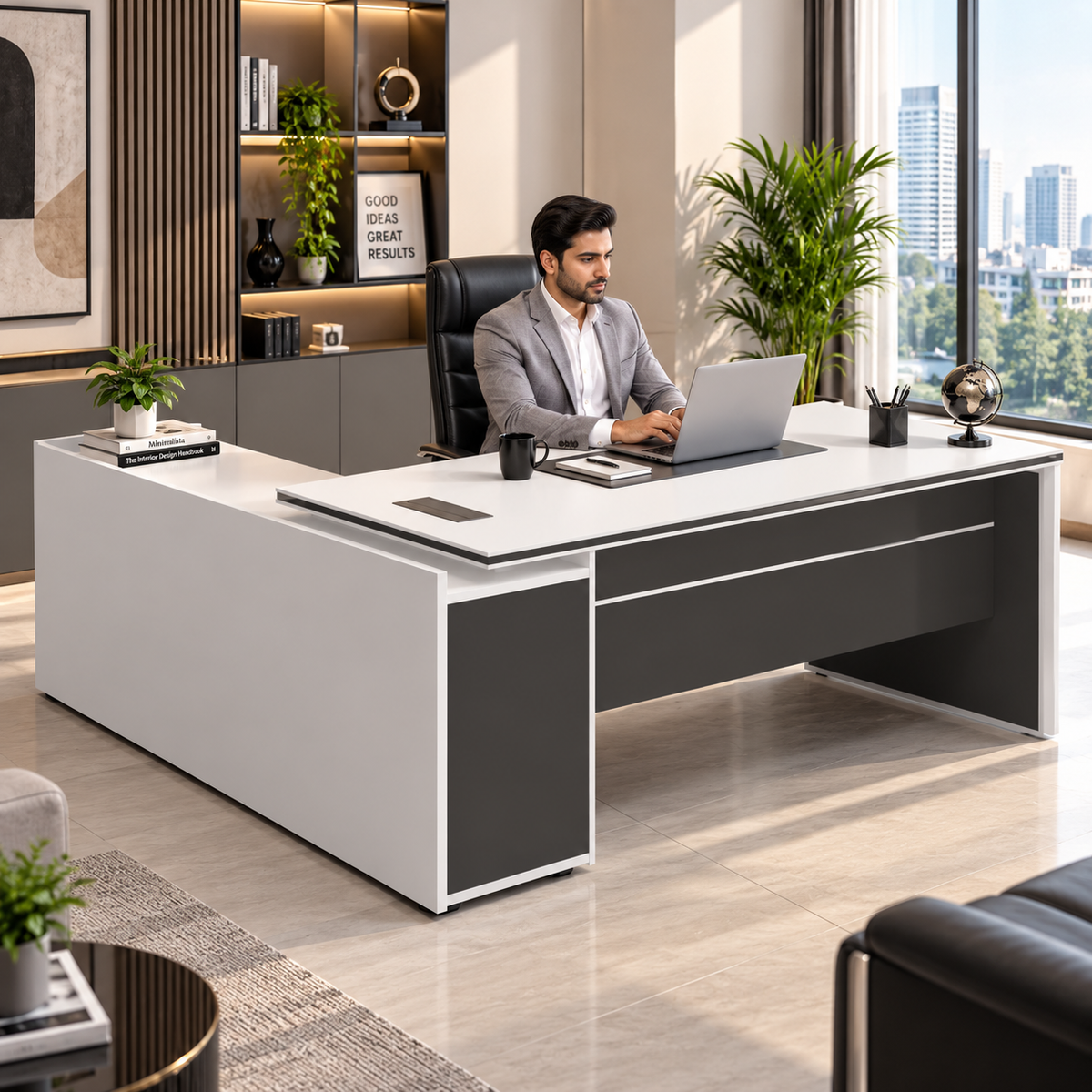 Director & Executive L-Shape Office Table Luxury Desk Made in Particle Board with Side Unit Locking Drawer, Wire Manager, and CPU Storage