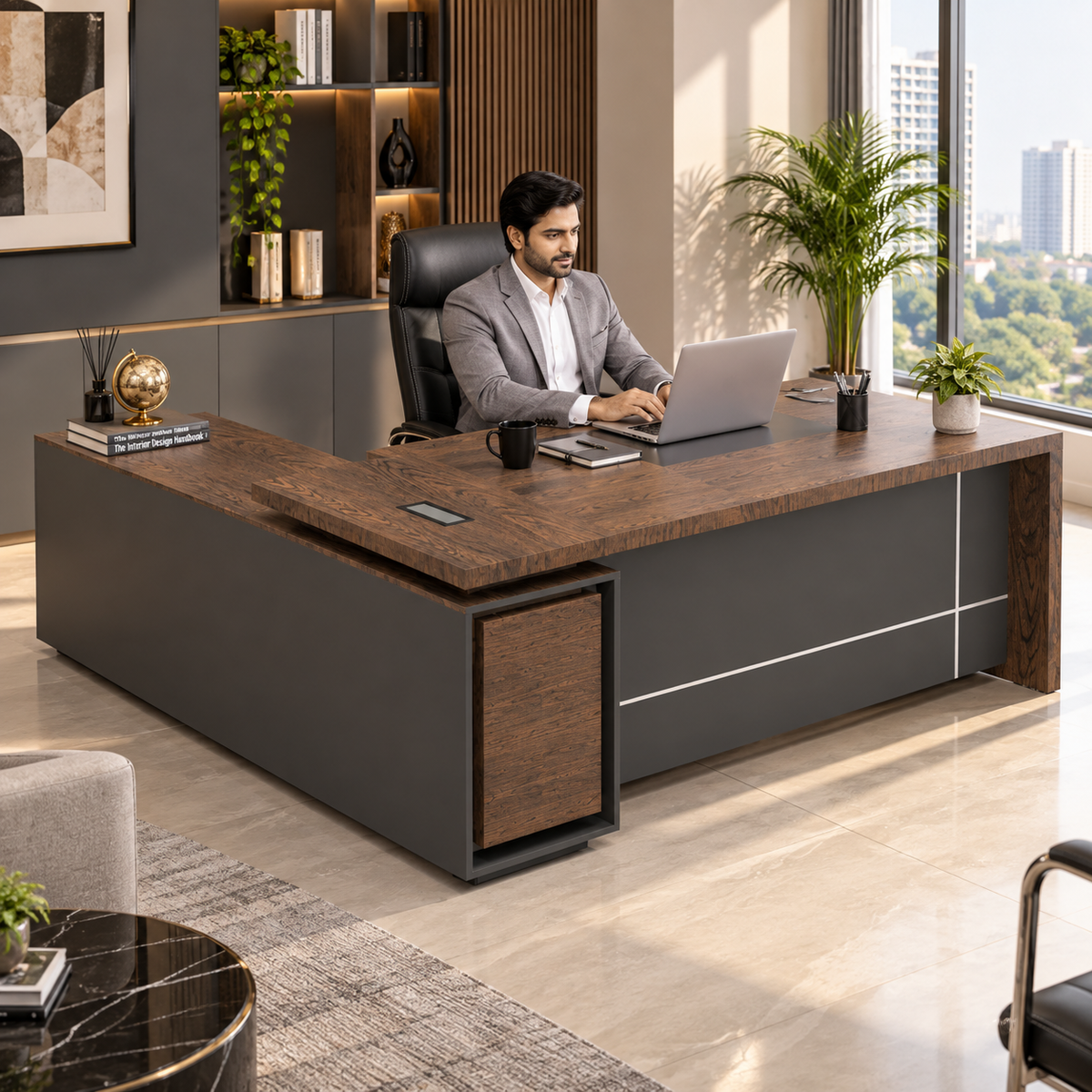 Director L-Shape Office Table Luxury Desk Made in Particle Board with Secure Drawer, Storage CPU Space, Side Unit & Wire Manager- Dark Grey