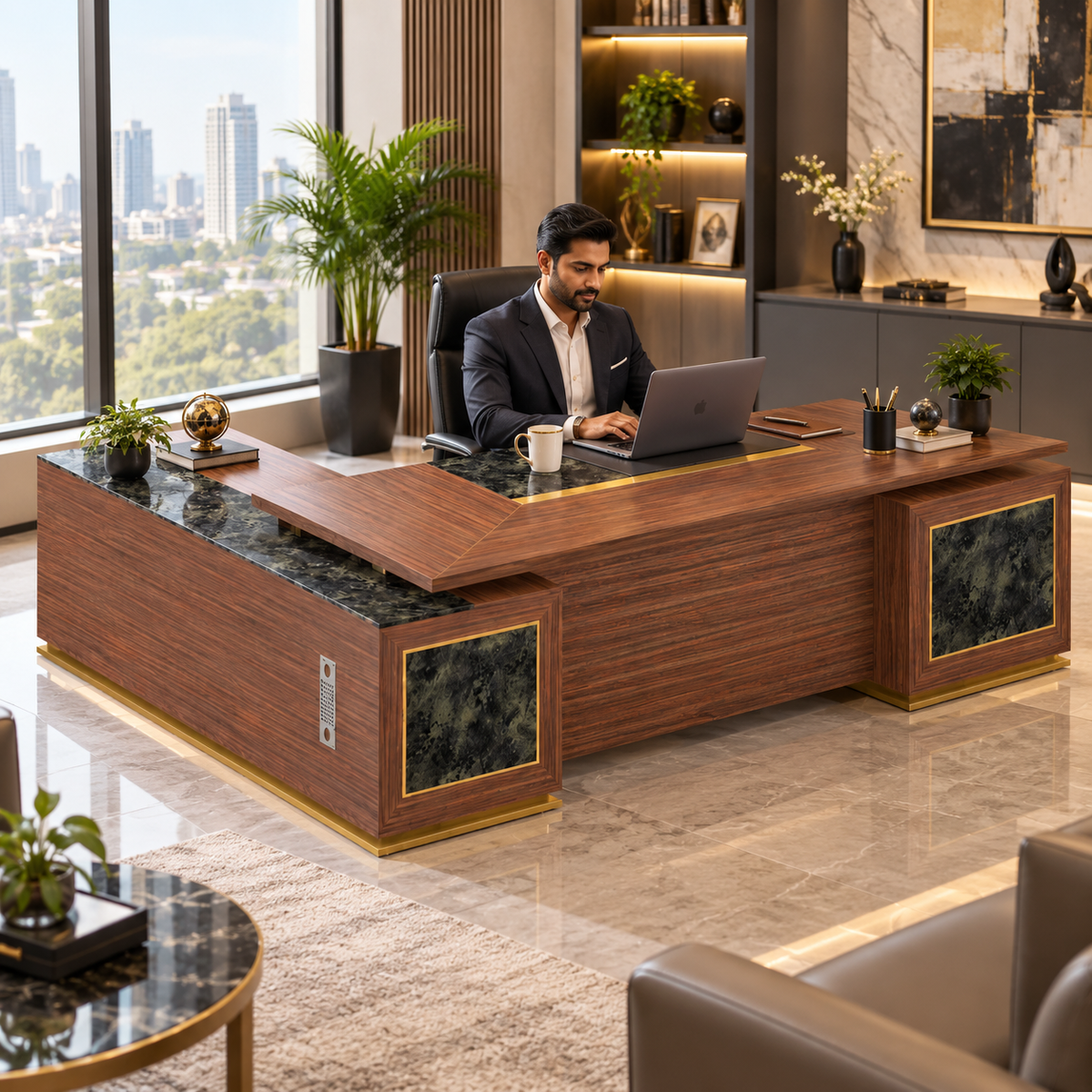 Director & Executive L-Shape Luxury Office Table with Modern Desk Design, Featuring Drawer and CPU Space, Stylish and Elegant Walnut Finish