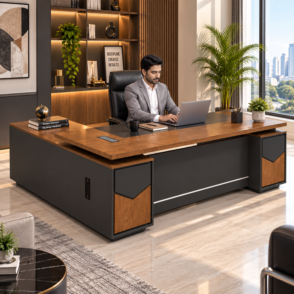 Director & Executive L-Shape Luxury Office Table Modern Desk with Cable Management, Drawer and CPU Storage - Brown