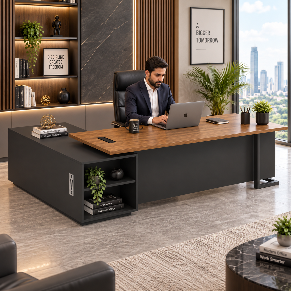 Director & Executive Office Table Made in Particle Board with Openable Side Unit, Drawer, CPU Storage and Openable Shutter and Metal Base - Brown