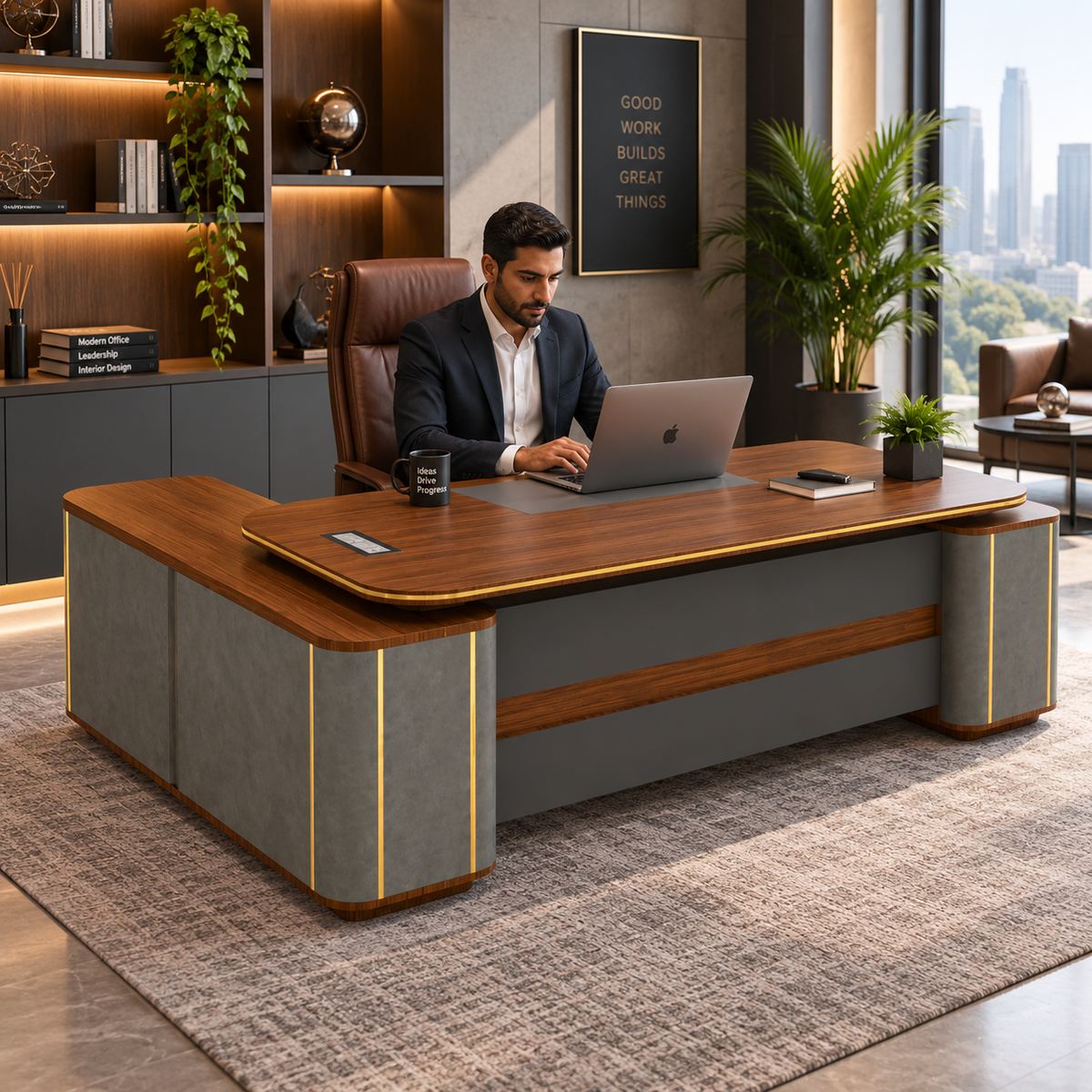 Luxury Design Director L-Shape Office Table Multi Function with Integrated Wire box & CEO Perfect for Spacious Cabin - Walnut - Grey