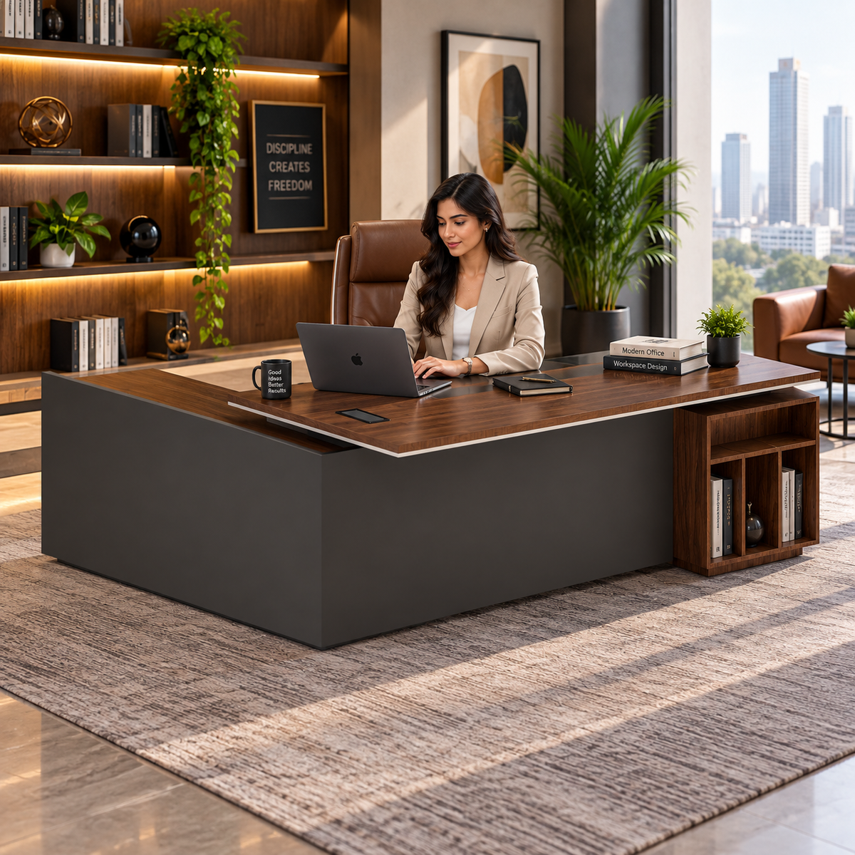 Director L-Shape Office Table Luxurious Executive Desk Made in Particle Board/ MDF/Plywood with Side Unite and Wire Manager Office Table