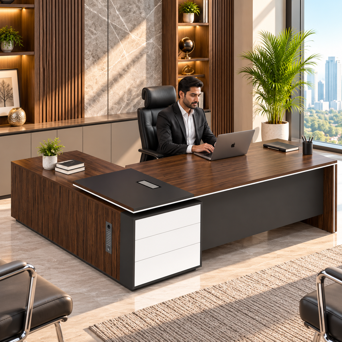 Modern Executive Director Table in Dark Brown & White Finish with Side Drawers, Spacious Worktop for Premium Office Interiors