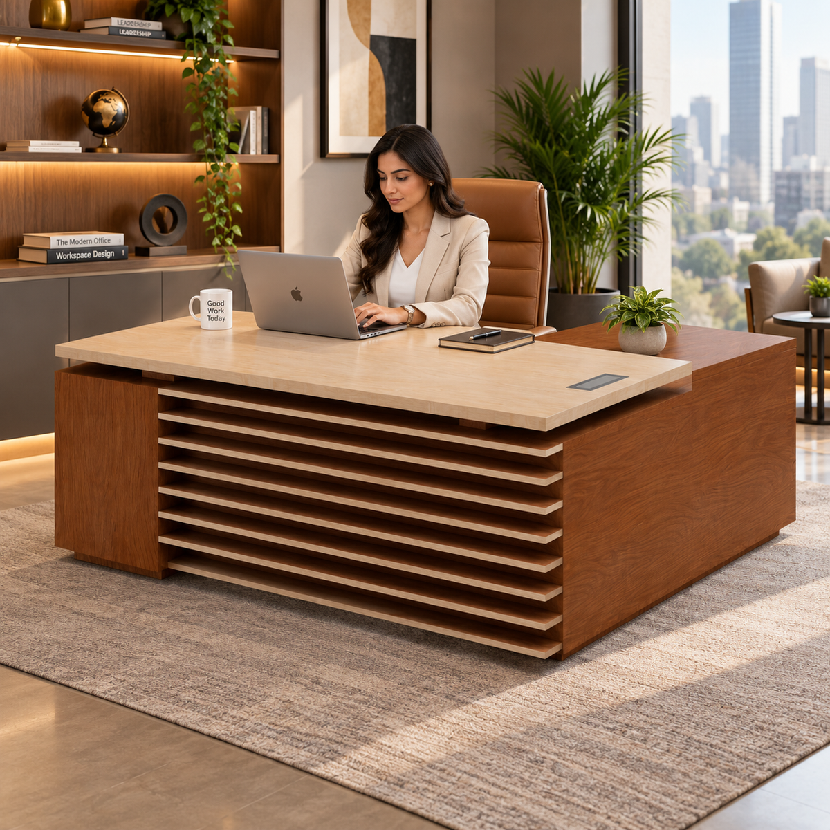 Director L-Shape Office Table Luxury Desk Made in Particle Board with Drawer, Integrated Cable Management, and CPU Storage - Brown