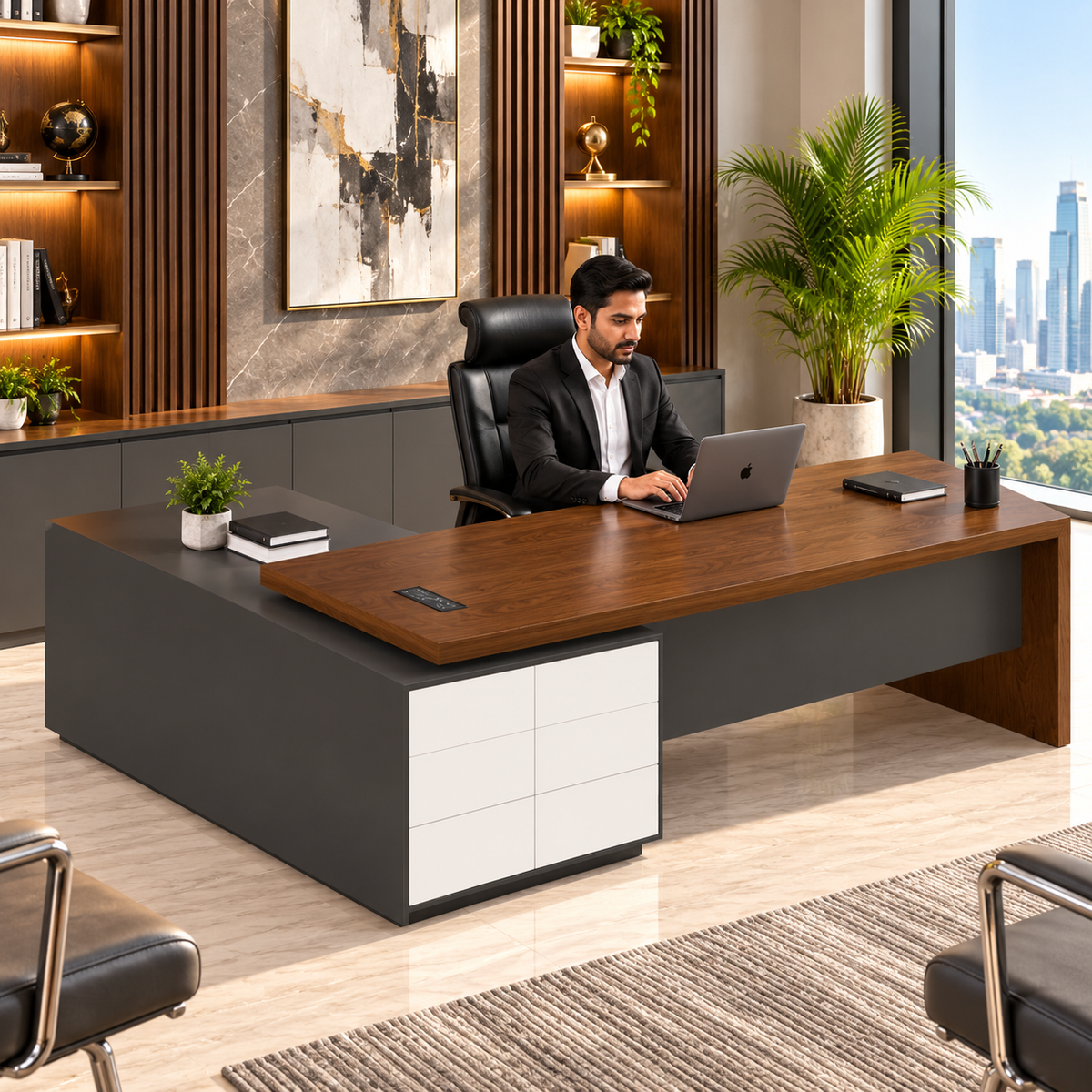 Luxury Modern Executive Director Table with Side Storage, Wooden Top & Matte Grey Finish – Premium Office Furniture