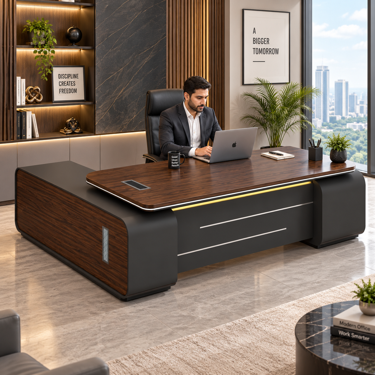 Luxury L Shape Director Office Table with Side Storage Unit, Premium Cabin Table for CEO, Director, MD Office Furniture