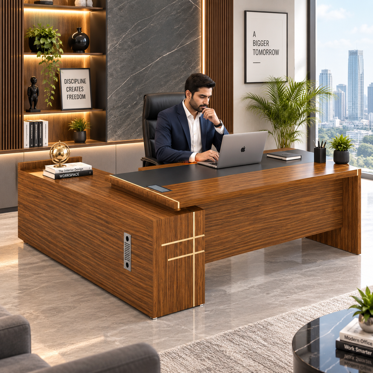 Modern Executive Director Office Table with Side Storage, Lockable Drawers & Premium Wooden Office Desk for CEO Cabin