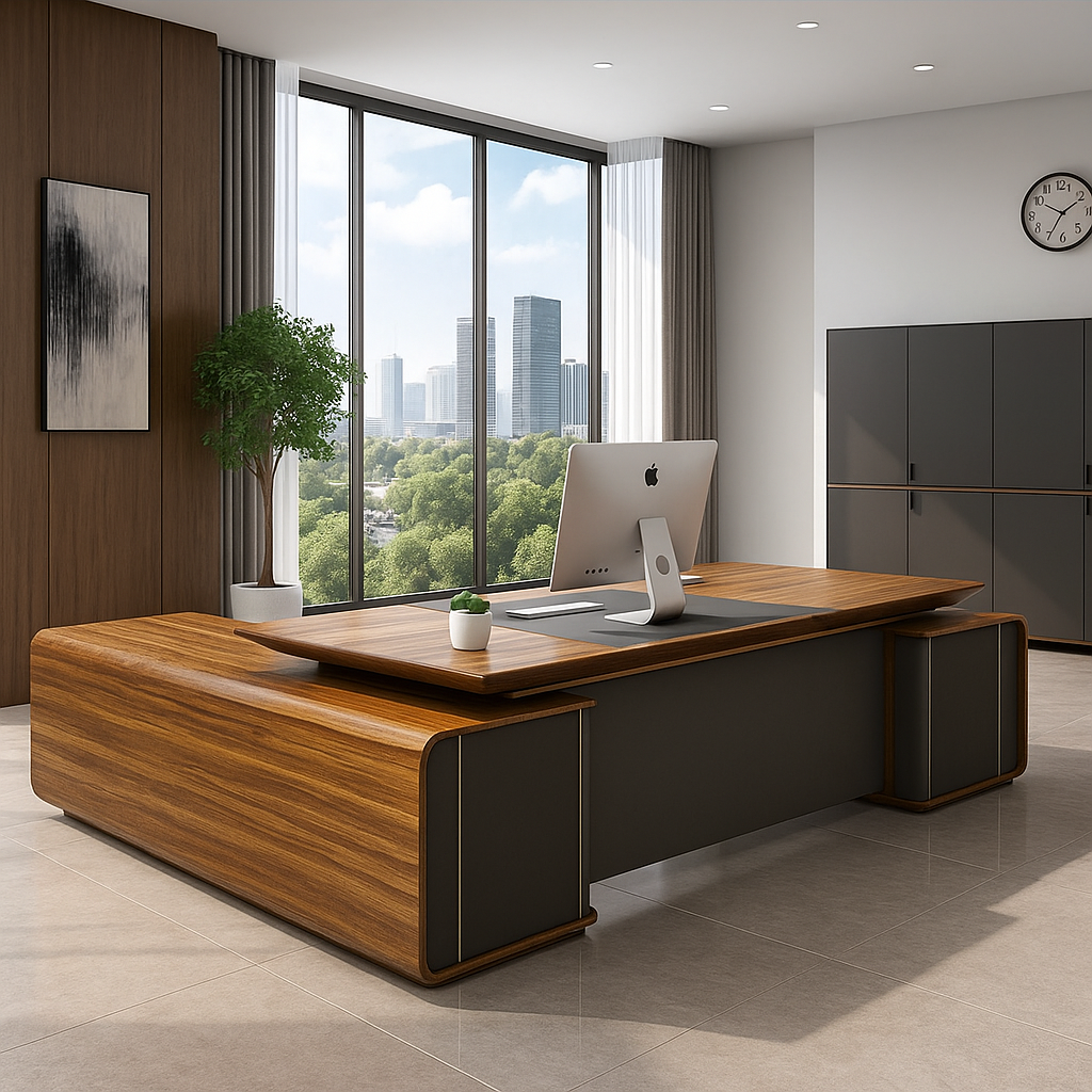 Director L-Shaped luxury Design for office Table Large Size Made in MDF with Drawers and Pedestal & Openable Shutter