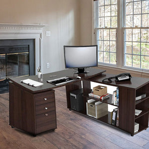 Computer Study Table with Side Shelves & Drawers in Wooden L-shaped