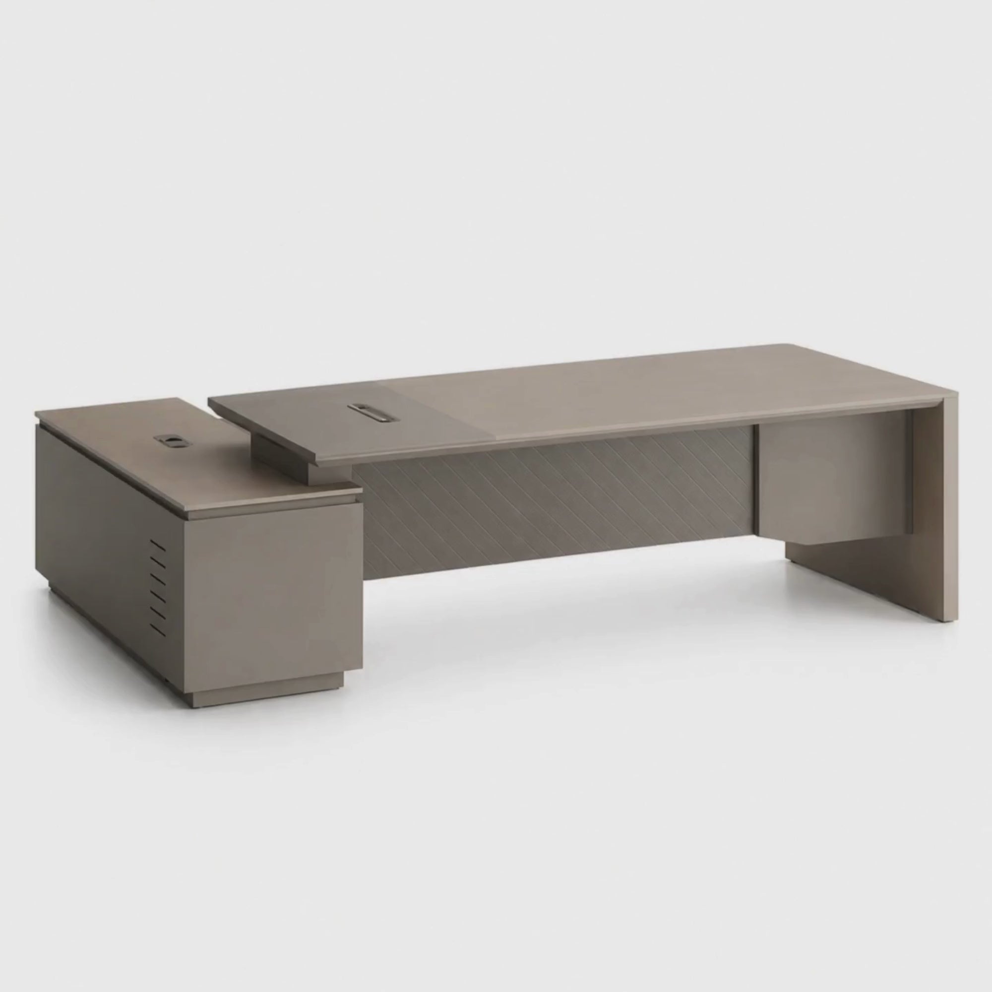 Load video: Modern Luxury L-Shape Director Office Table with Side Unit, Premium Light Wood Finish, Executive Desk Design for Corporate Office