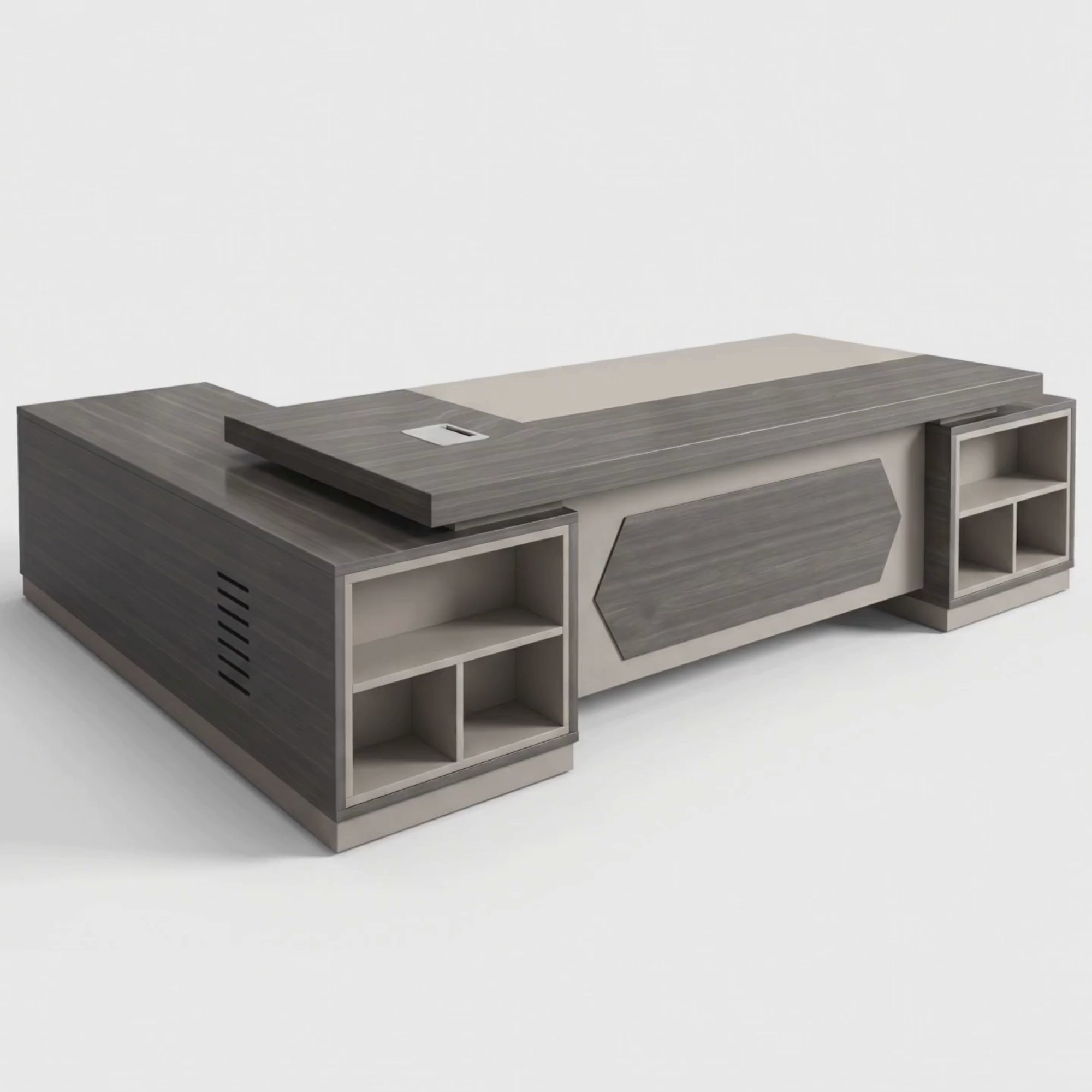 Load video: Modern Executive Director Table with L-Shape Design, Open Storage &amp; Premium Grey Wood Finish for Corporate Office