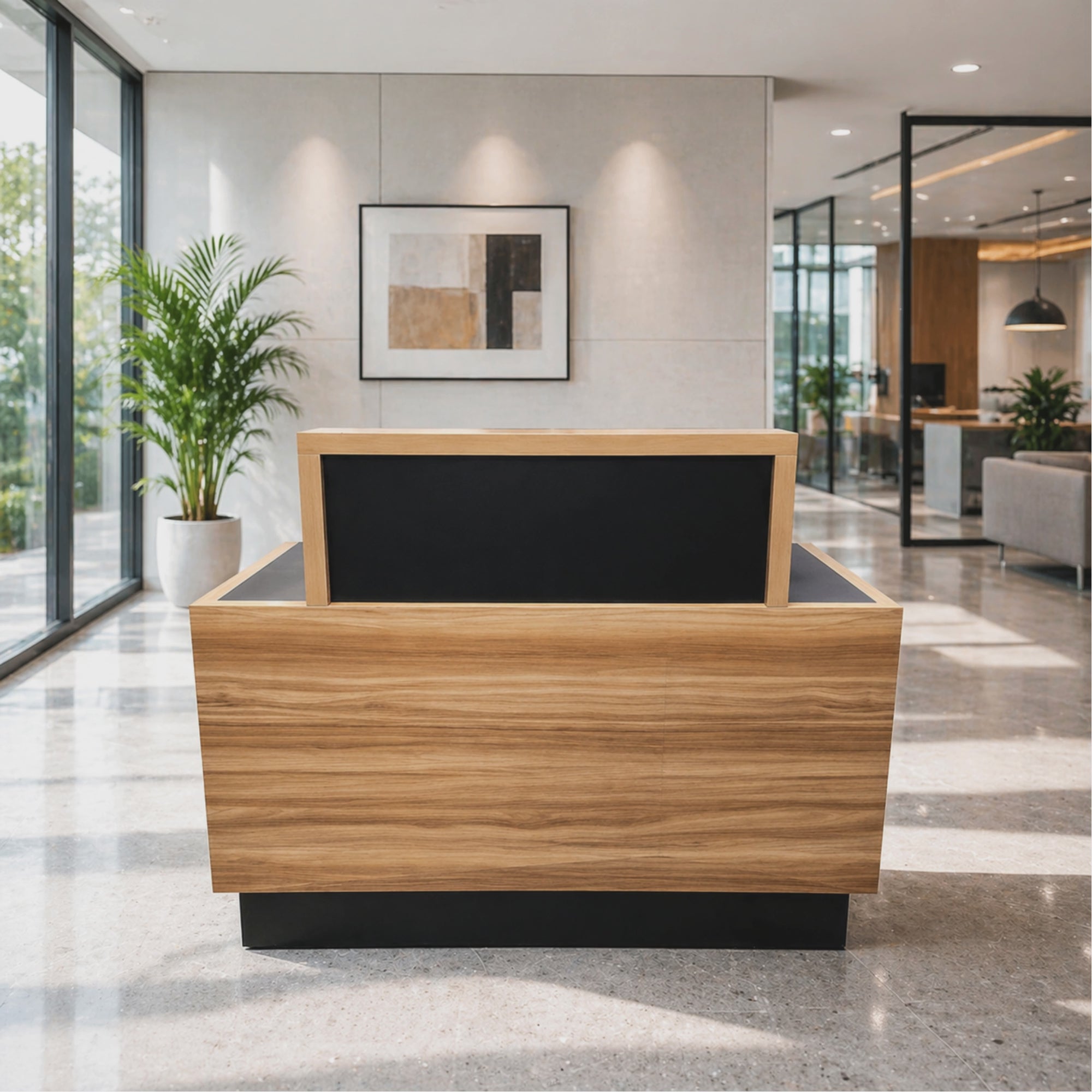 Load video: Reception Table for Office and Hotel front Desk Made in MDF with Hueck Melamine with 3 Drawers