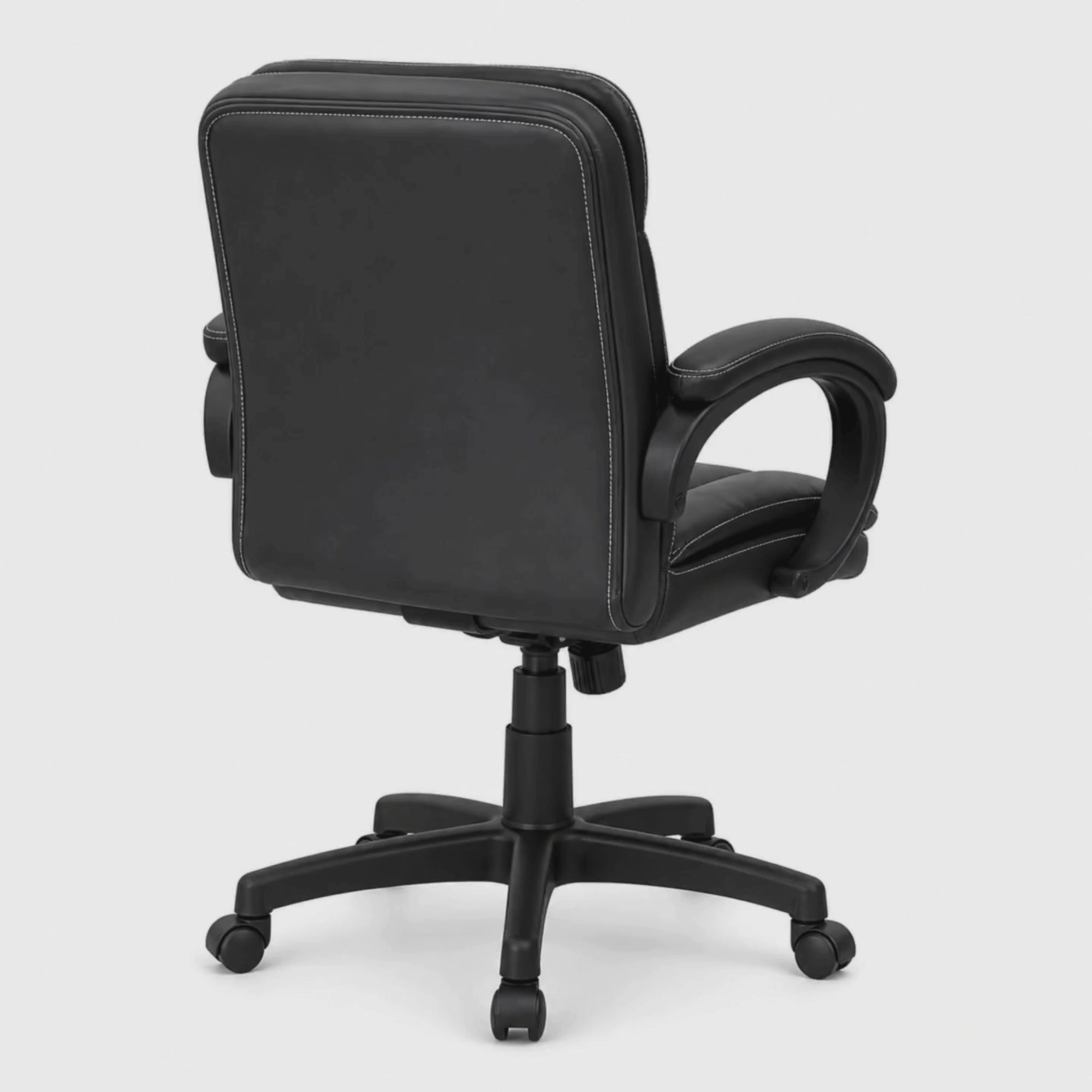 Load video: Luxury Executive Mid Back Office Chair with Extra Thick Cushioning, Leatherette Finish, Padded Armrests, Adjustable Swivel Chair for Office Cabin &amp; Home Office