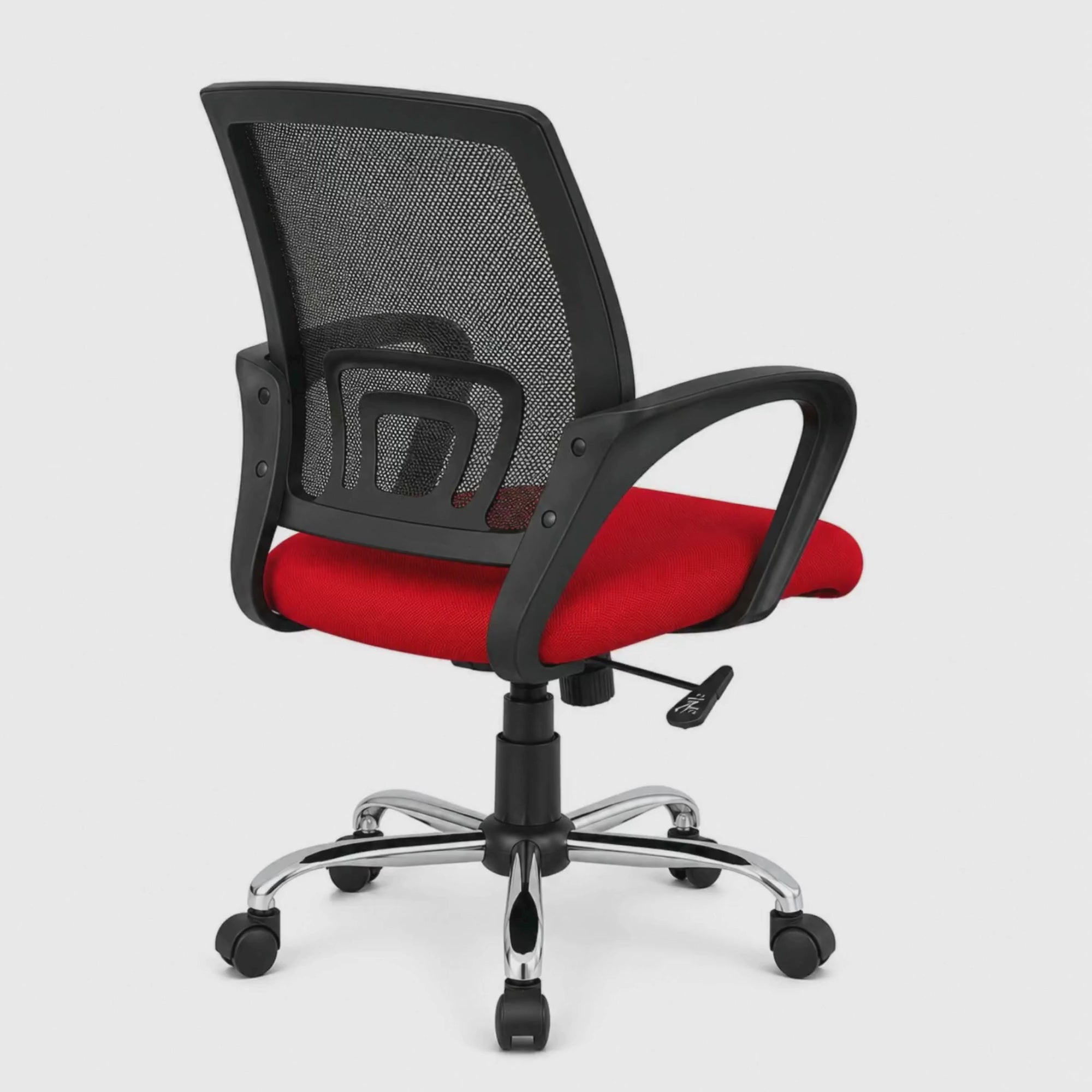 Load video: Ergonomic Mid Back Mesh Office Chair with Red Cushioned Seat, Breathable Backrest, Fixed Armrests and Height Adjustable Swivel Base for Office and Home