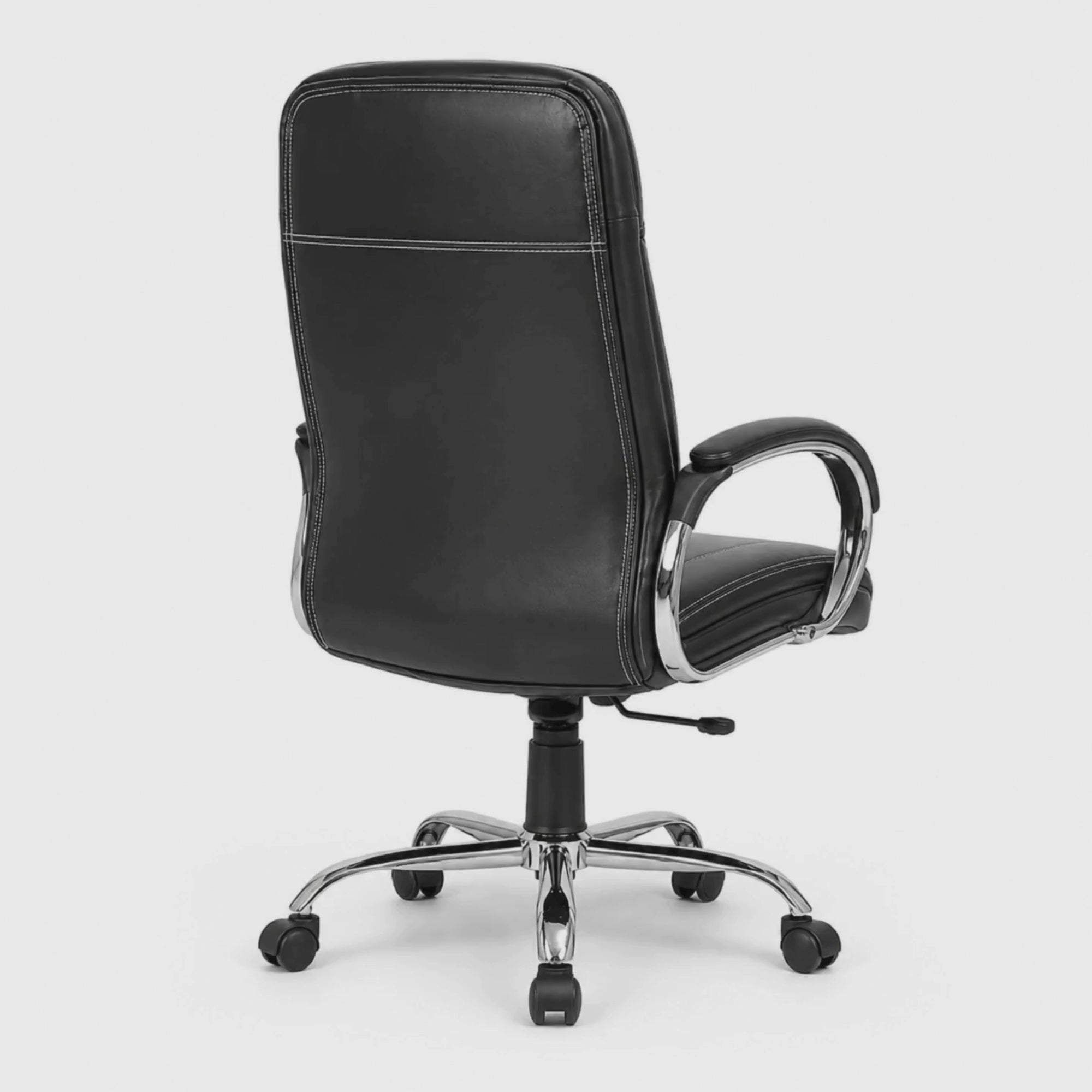 Load video: Executive High Back Ergonomic Office Chair with Cushioned Leatherette Upholstery, Tilt Mechanism, Adjustable Height, Padded Armrests &amp; Chrome Base for Office