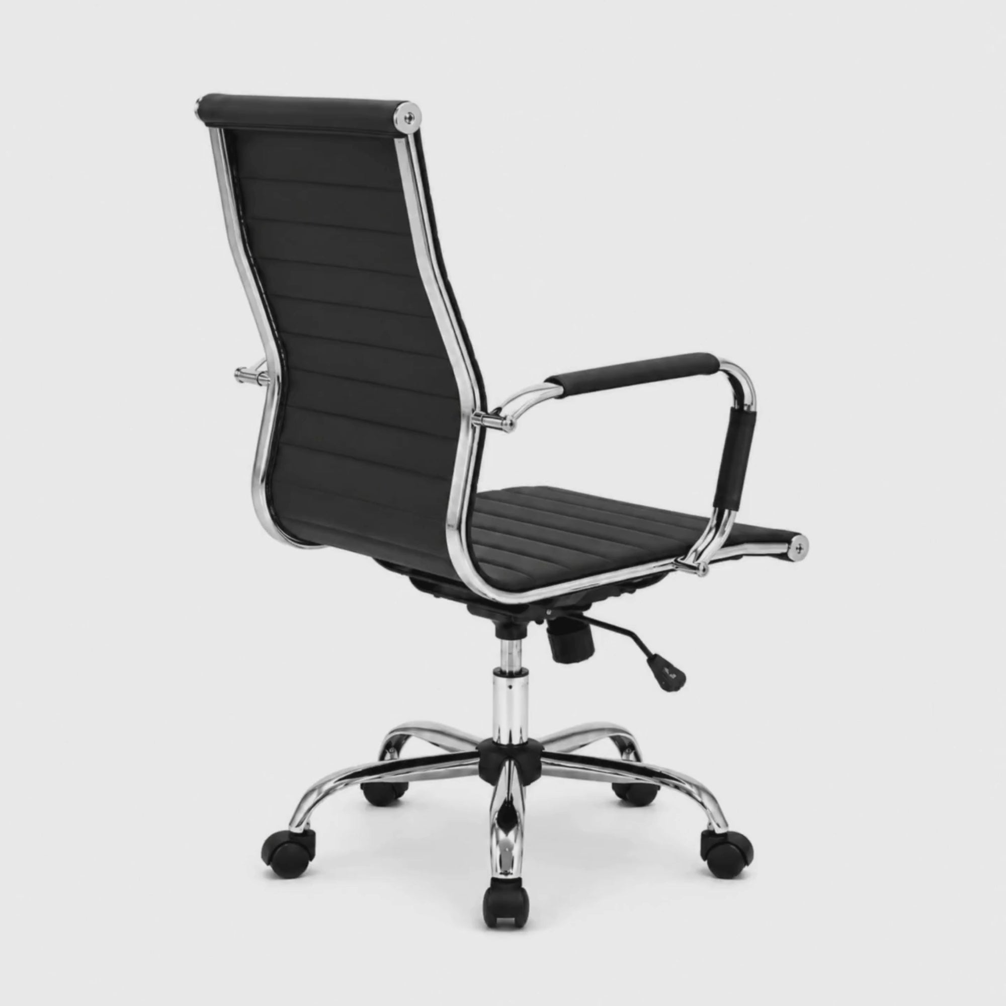 Load video: Executive High Back Office Chair with Ribbed Cushion Design, PU Upholstery, Chrome Armrests and Base, Adjustable Swivel Mechanism for Office and Cabin