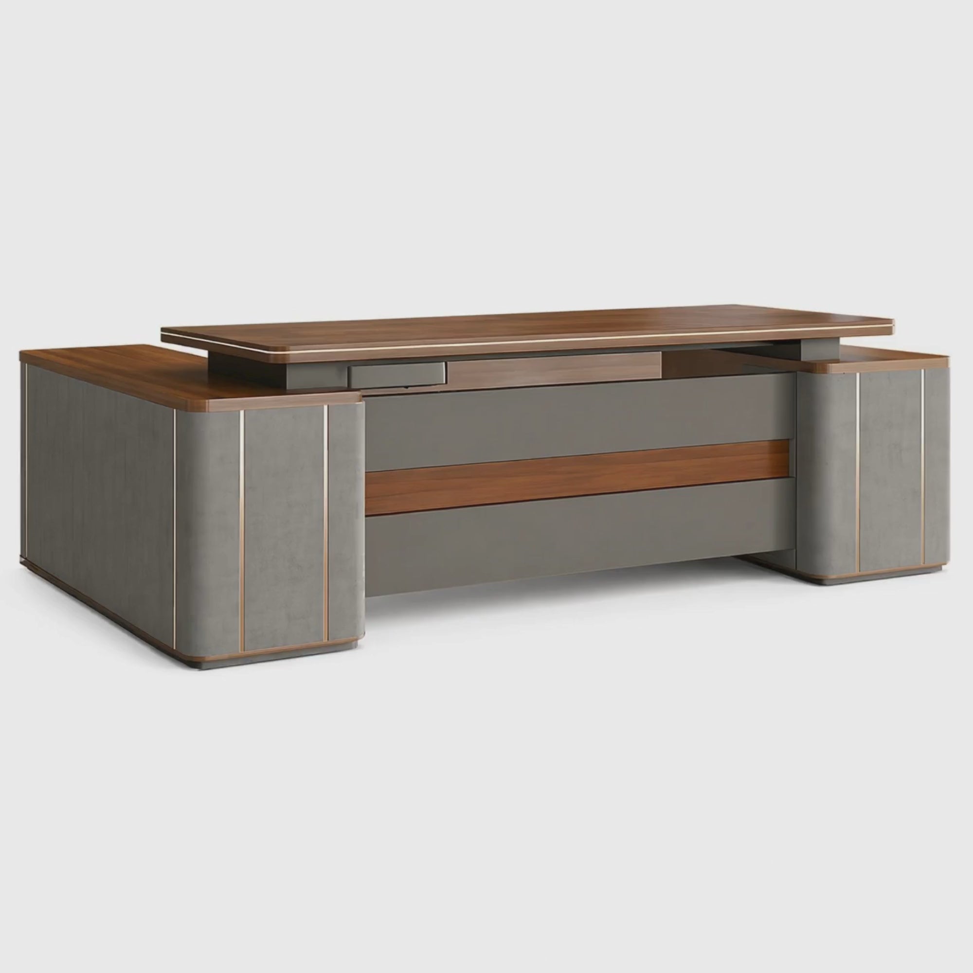 Load video: Luxury Design Director L-Shape Office Table Multi Function with Integrated Wire box &amp; CEO Perfect for Spacious Cabin - Walnut - Grey