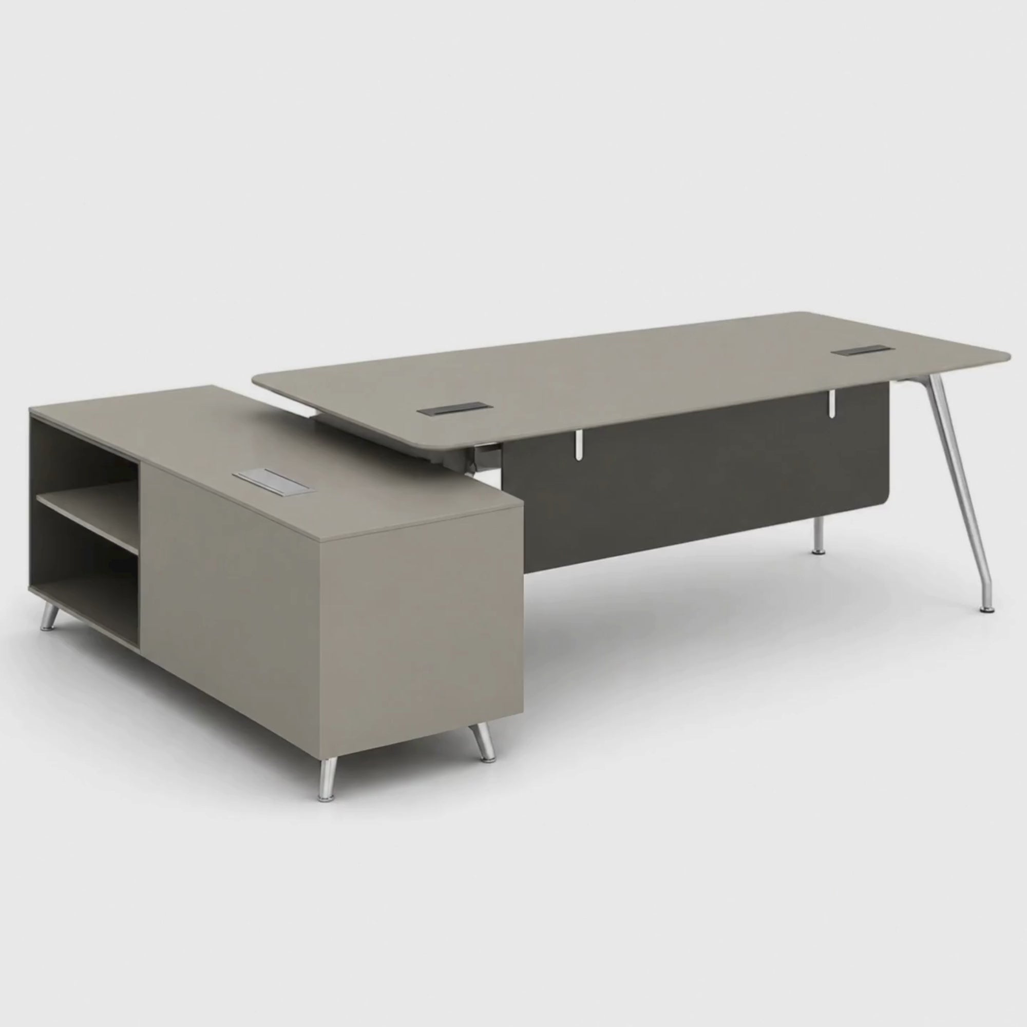 Load video: Luxury L Shape Director Table for Office Furniture with Side Storage and Wire Manager - Metal Legs, Durable, Contemporary Design