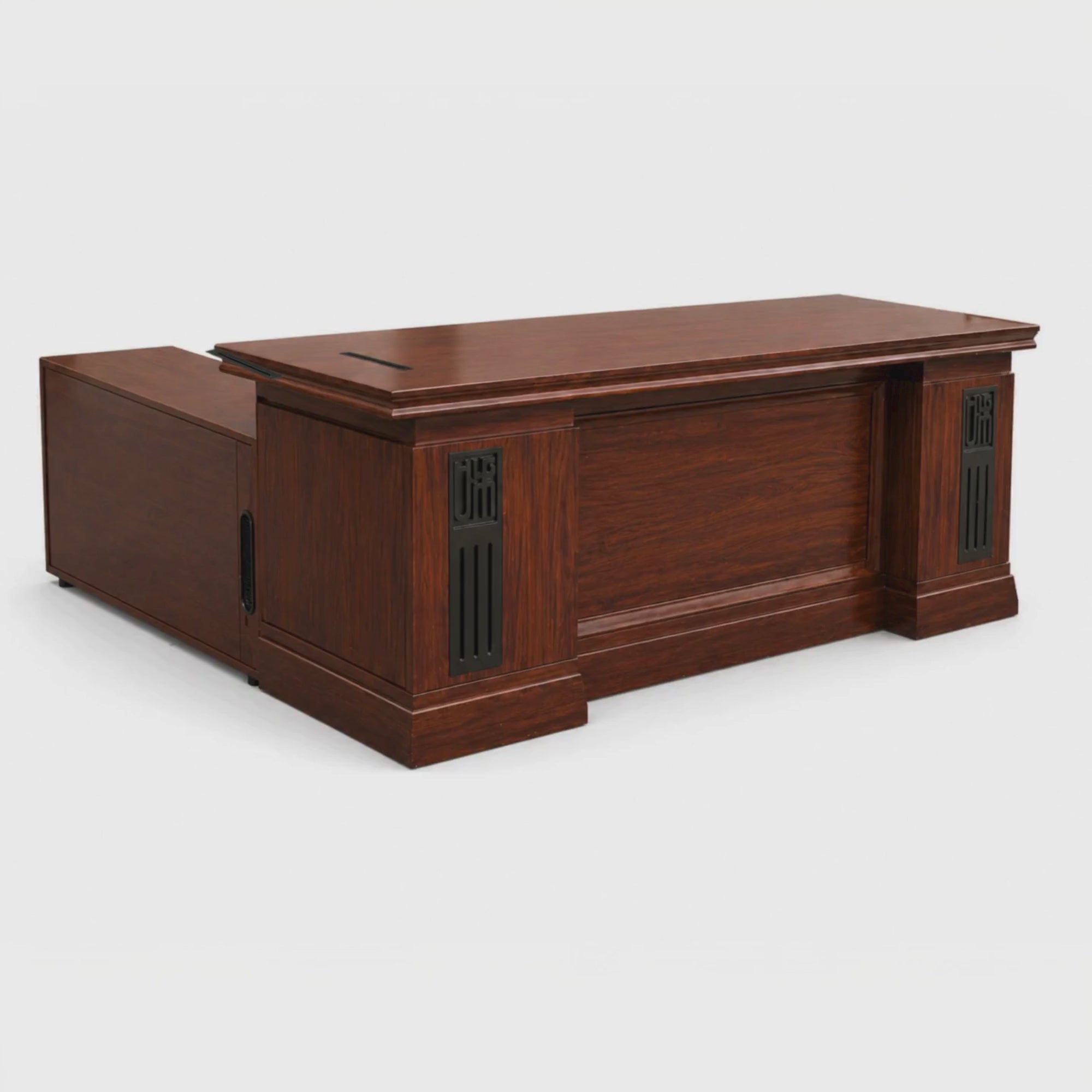 Load video: Director &amp; Executive Rectangular Table Luxury Desk Made in Plywood with Veneer Reversible Orientation Side Unit Drawer, Wire Manager &amp; CPU Storage