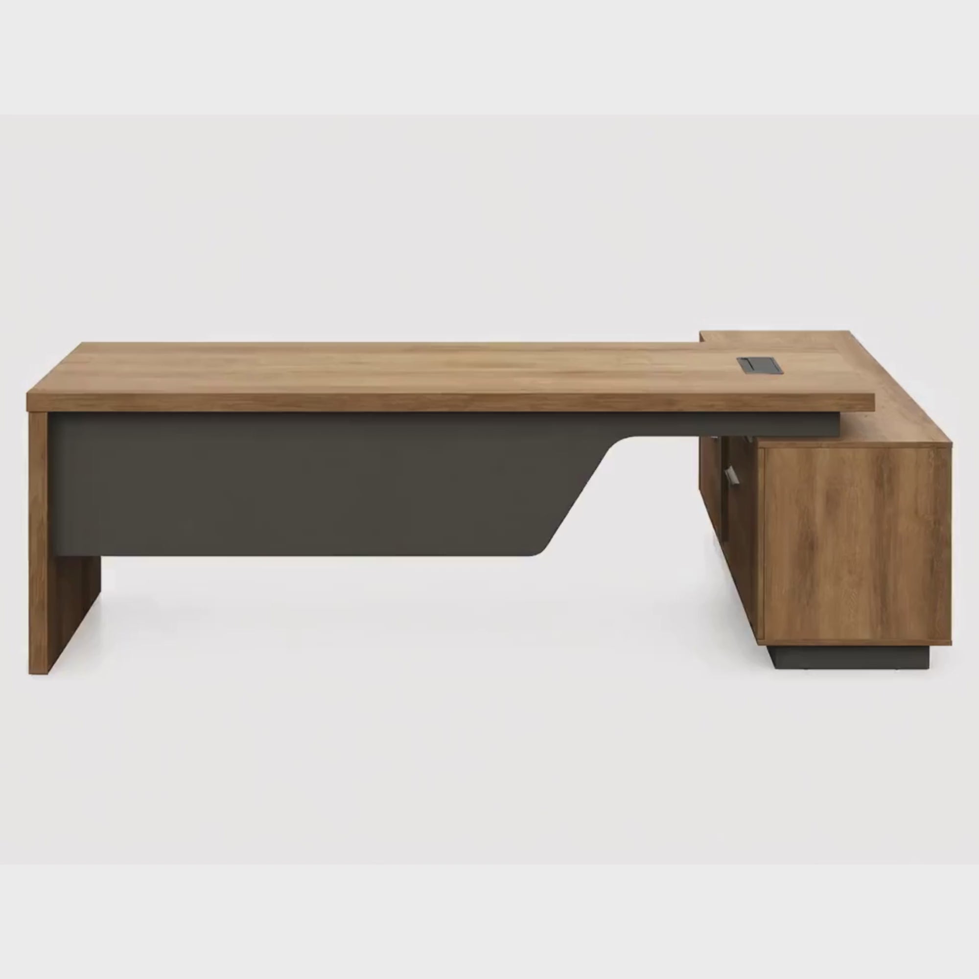 Load video: Luxury Director and Executive L Shape Office Table Made Particle Board with  Wire Manager Side Unit and Multi Drawers CPC Space  - Brown Color