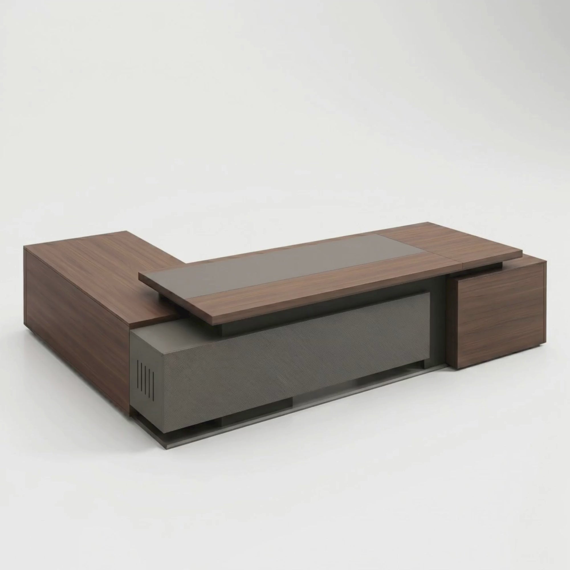 Load video: Luxury Modern Director Office Table with Integrated Side Unit, Dark Wood Top &amp; Textured Front Panel, Premium Executive Desk