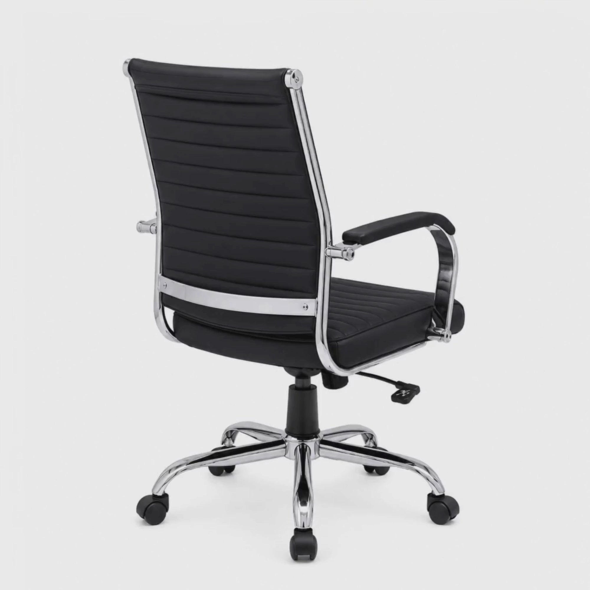 Load video: Executive Mid Back Office Chair with Cushioned Seat, Hydraulic Height Adjustment, Chrome Armrests, Swivel Base and Castor Wheels for Office &amp; Home Workspace
