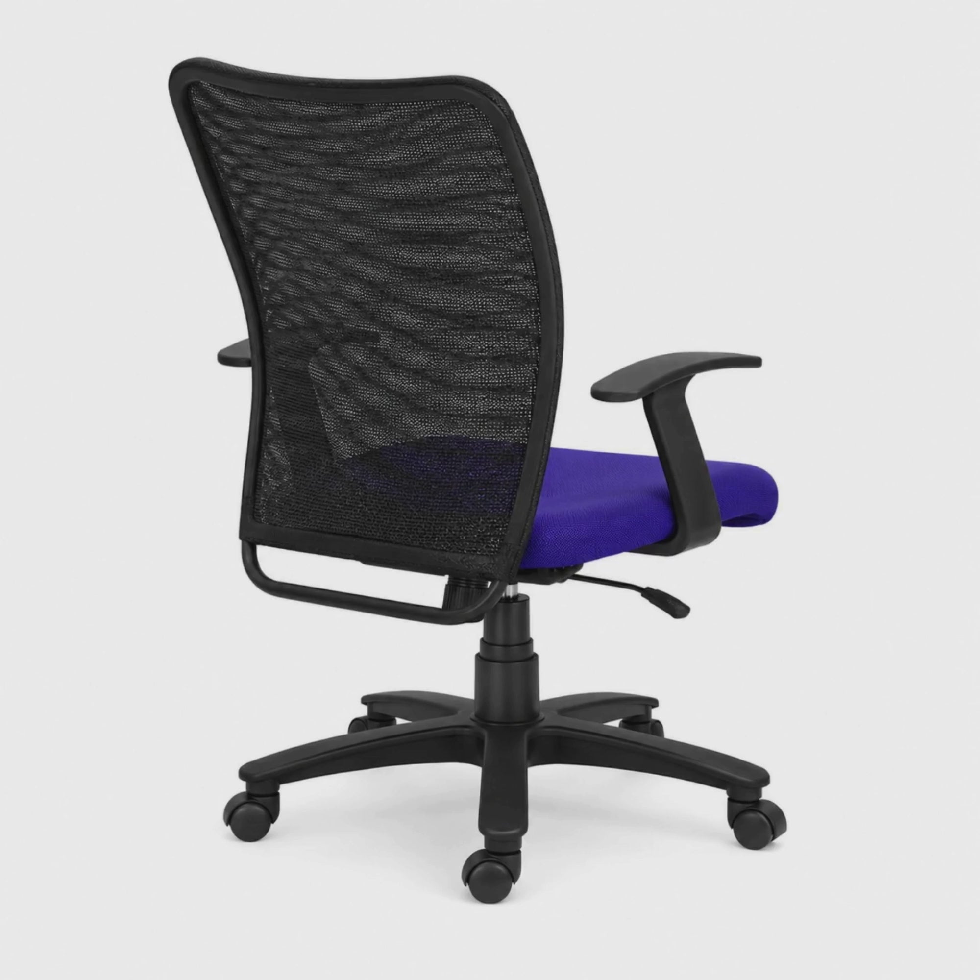 Load video: Executive Mid Back Office Chair with Breathable Mesh Back, Fabric Cushioned Seat, Fixed Armrests, Adjustable Swivel Base with Wheels for Office and Home Use