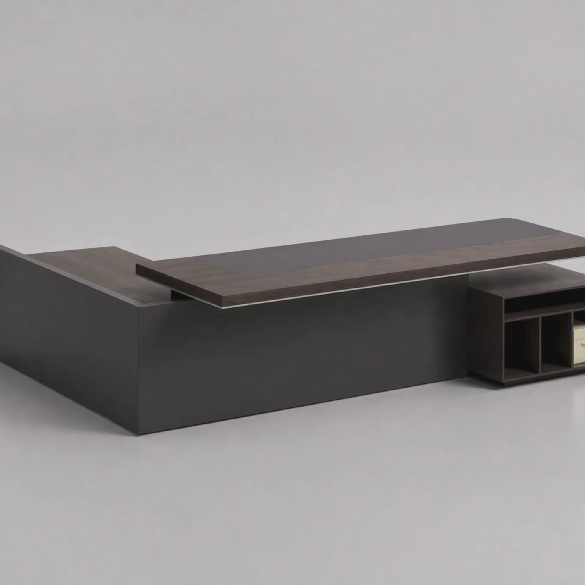 Load video: Director L-Shape Office Table Luxurious Executive Desk Made in Particle Board/ MDF/Plywood with Side Unite and Wire Manager Office Table