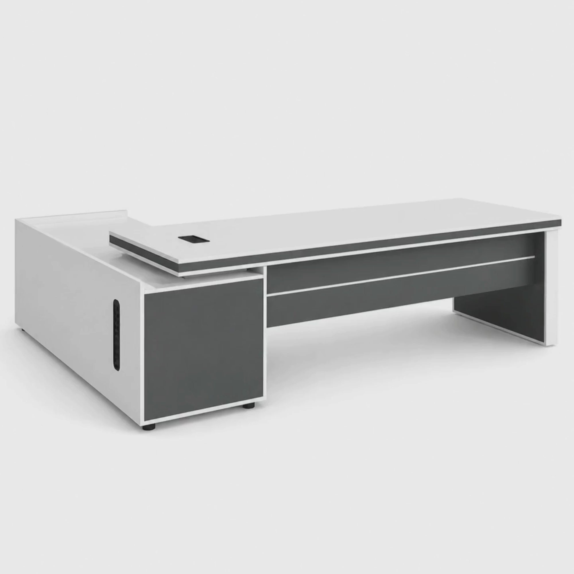 Load video: Director &amp; Executive L-Shape Office Table Luxury Desk Made in Particle Board with Side Unit Locking Drawer, Wire Manager, and CPU Storage