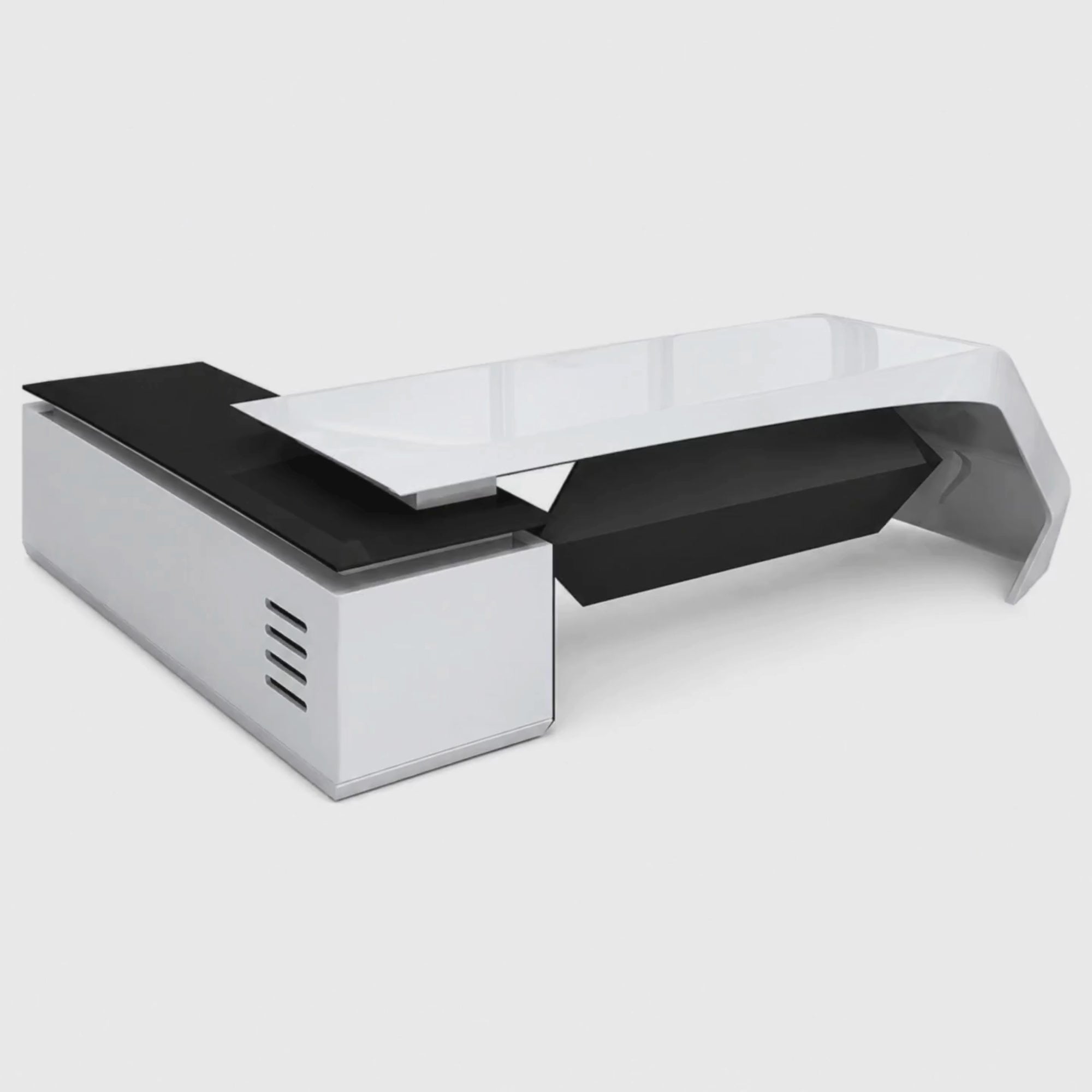 Load video: Director &amp; Executive L-Shape Office Table Luxury Desk Made in MDF with Side Unit Drawer and Storage Wire Manager &amp; CPU Storage - White