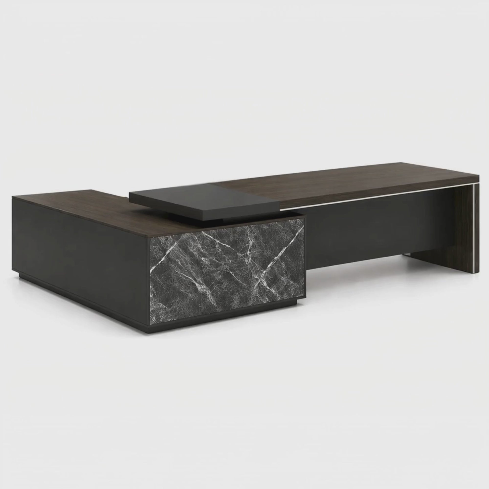 Load video: Luxury Executive Director Table with Marble Finish Panels with Premium CEO Office Desk in Dark Wood and Modern L-Shape Corporate Furniture