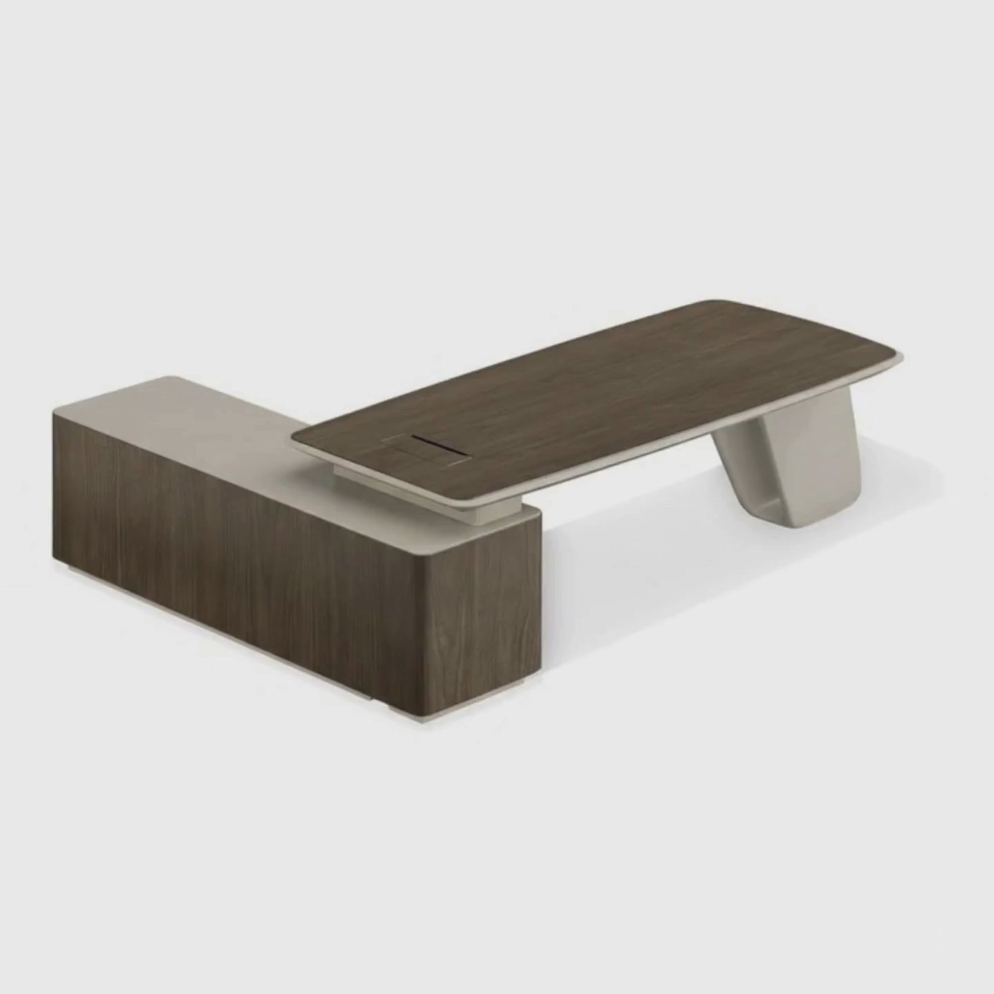 Load video: Modern L Shape Director Table for Office with Luxury Executive Desk and Side Storage, Premium Wood Veneer Top &amp; Minimal Design